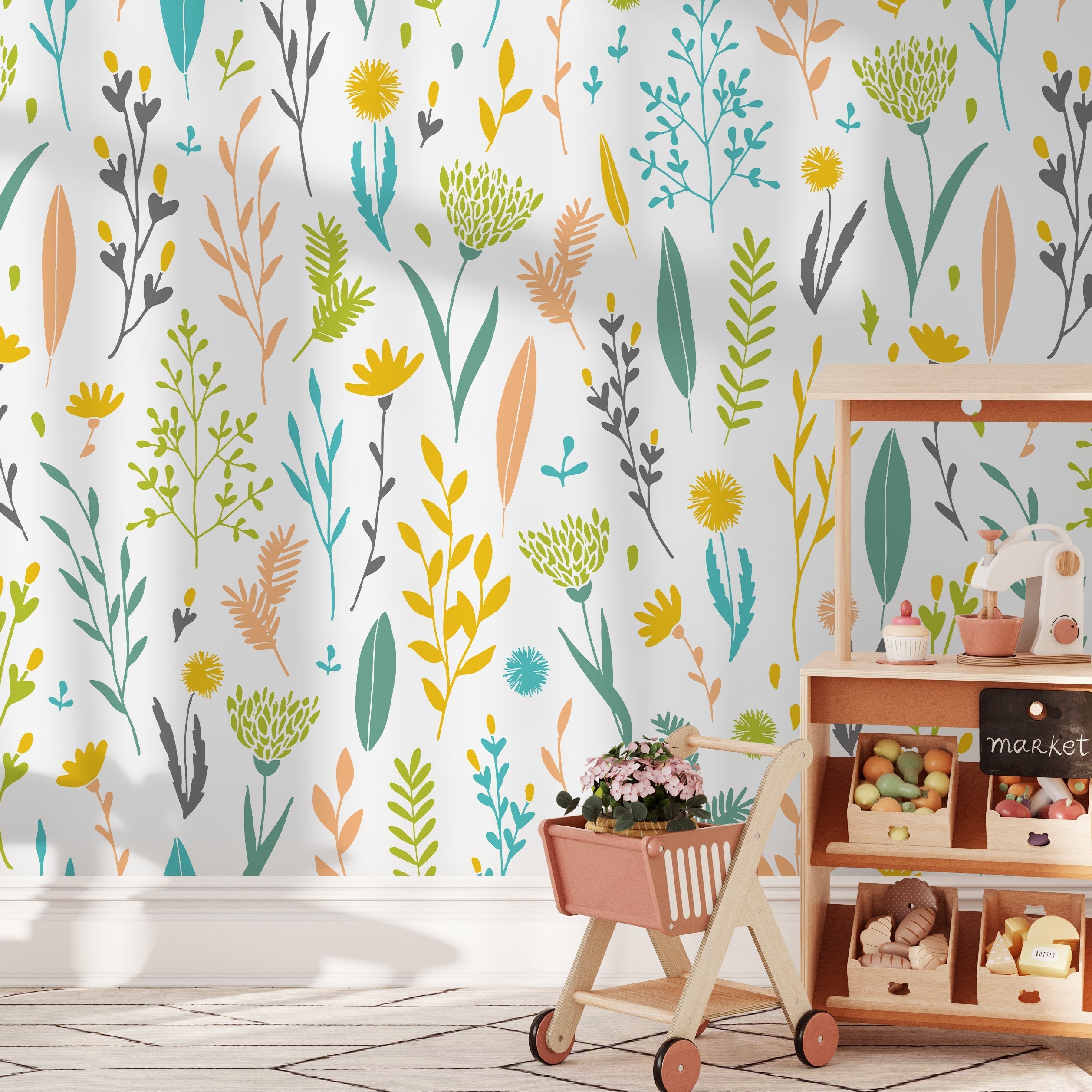 Botanical Wallpaper With A Wildflower Motif In Yellow, Teal, And Green - A881