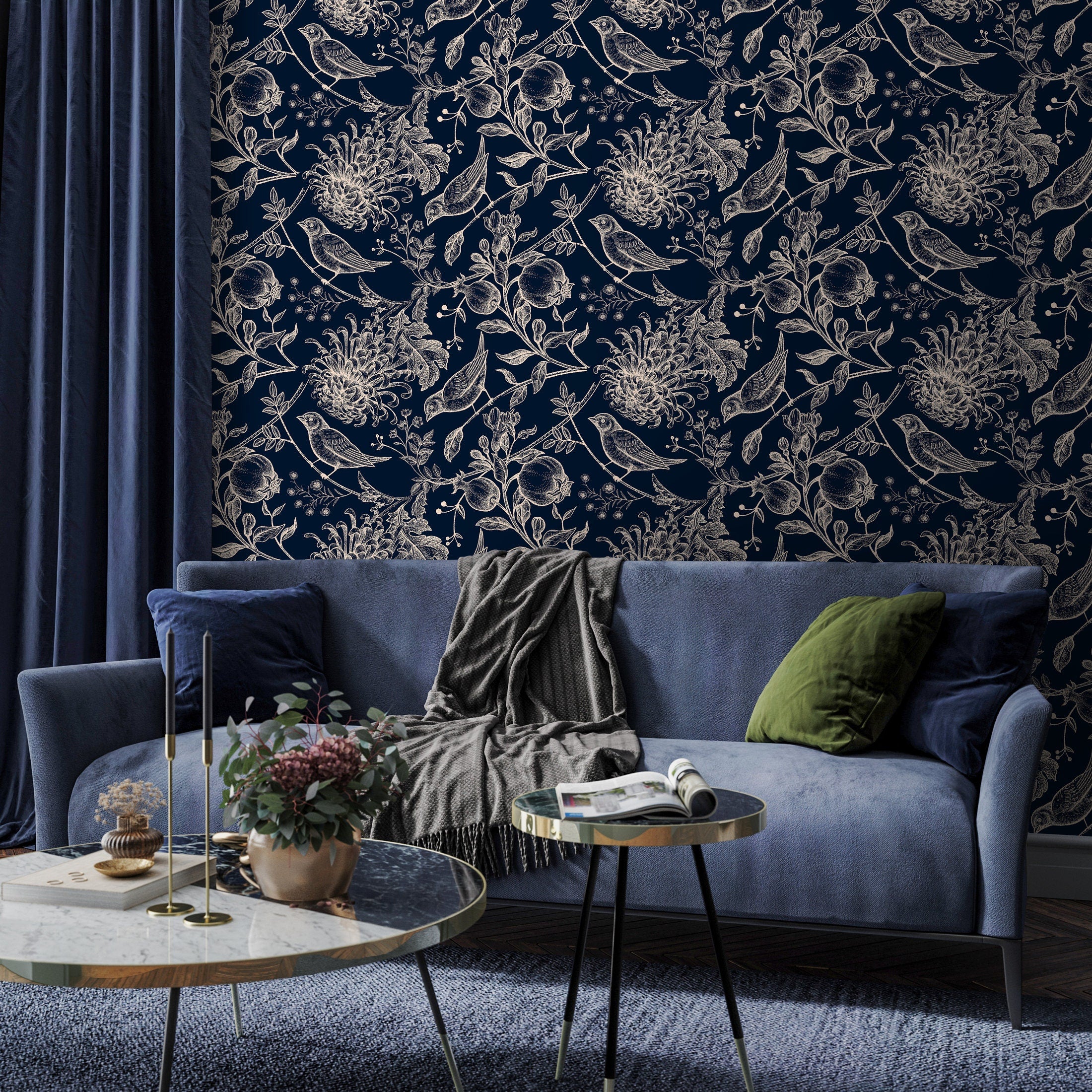 Chinoiserie Wallpaper With An Engraved Bird And Botanical Print In Navy Blue And Cream - A903