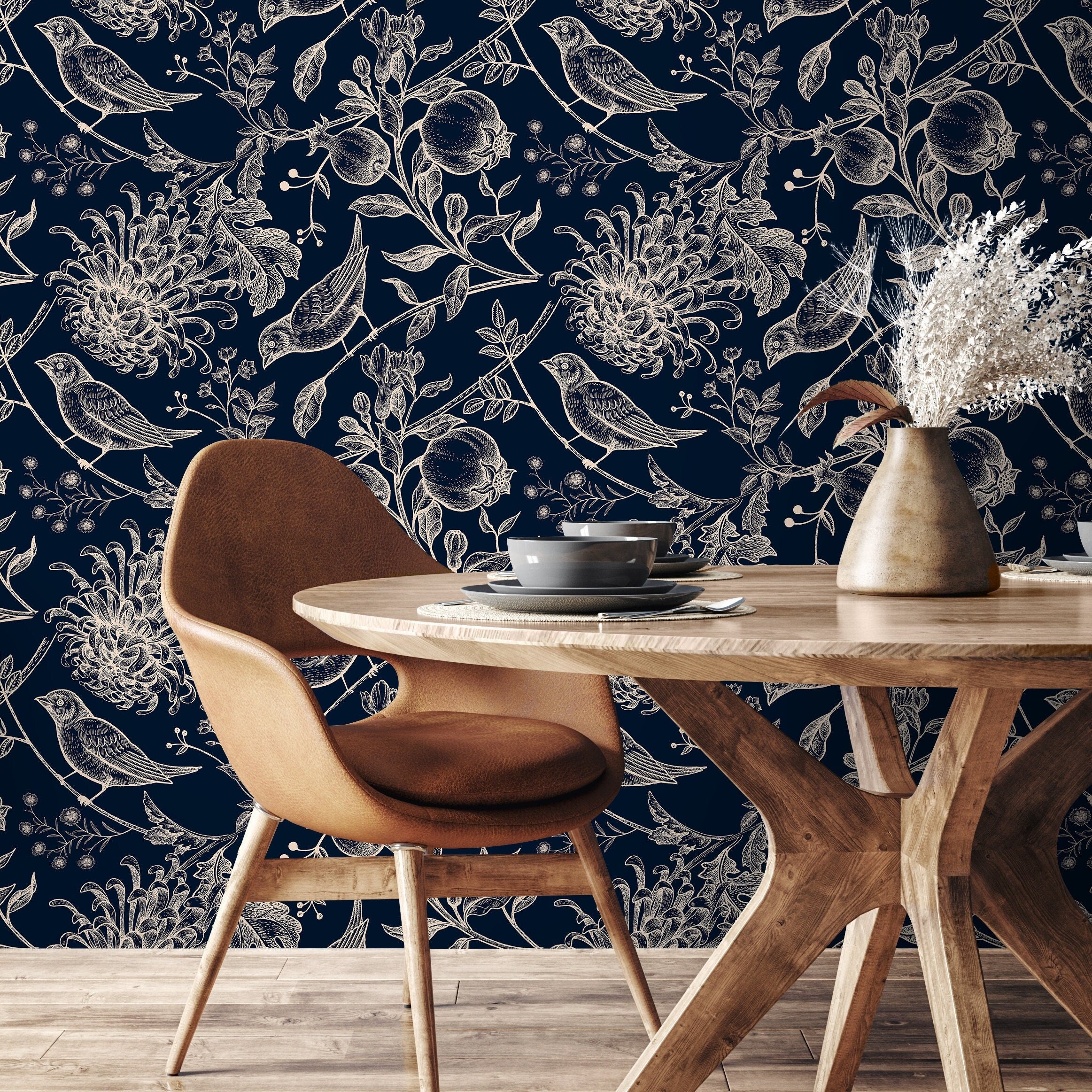Chinoiserie Wallpaper With An Engraved Bird And Botanical Print In Navy Blue And Cream - A903