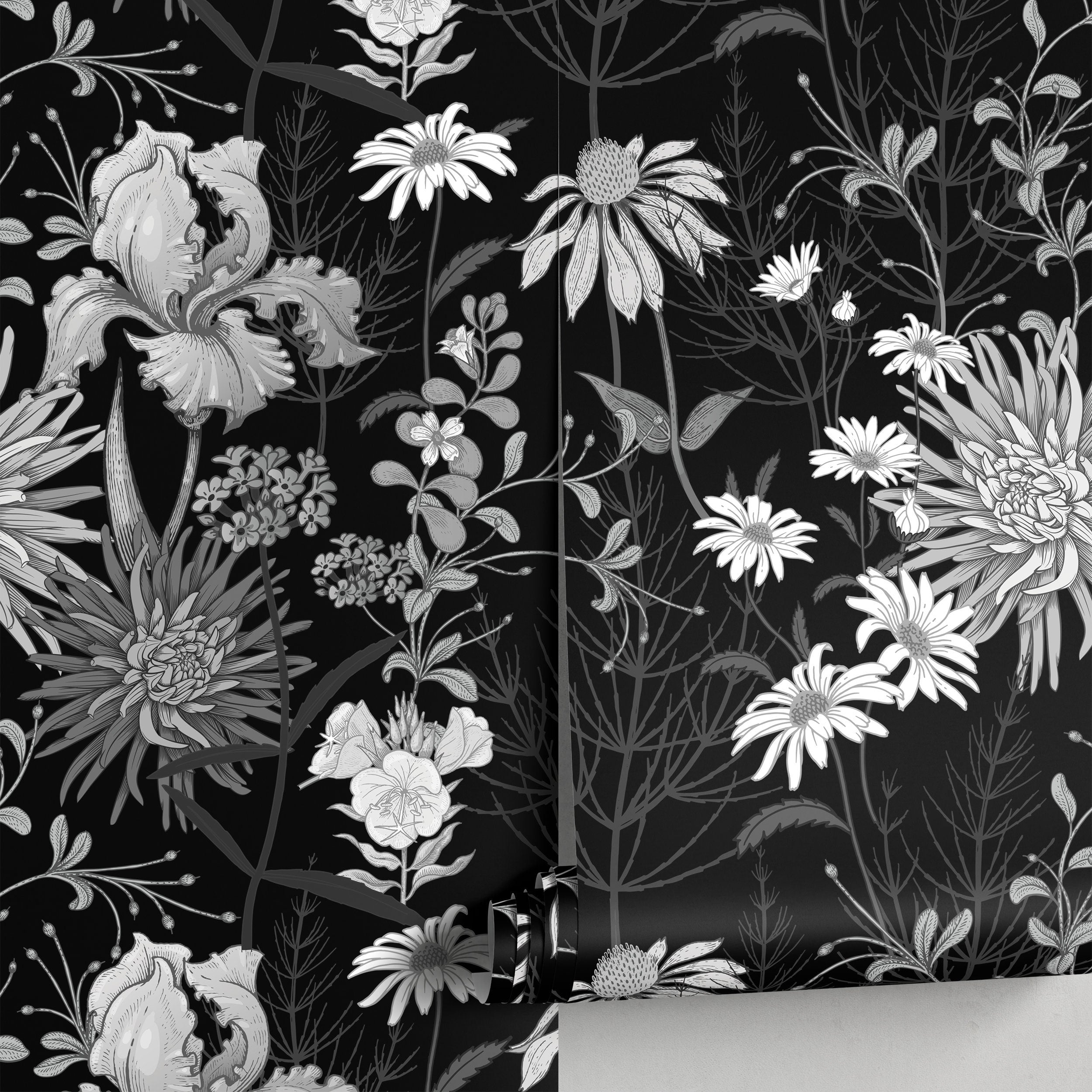 Floral Wallpaper With A Vintage Botanical Meadow In Black And White - A915