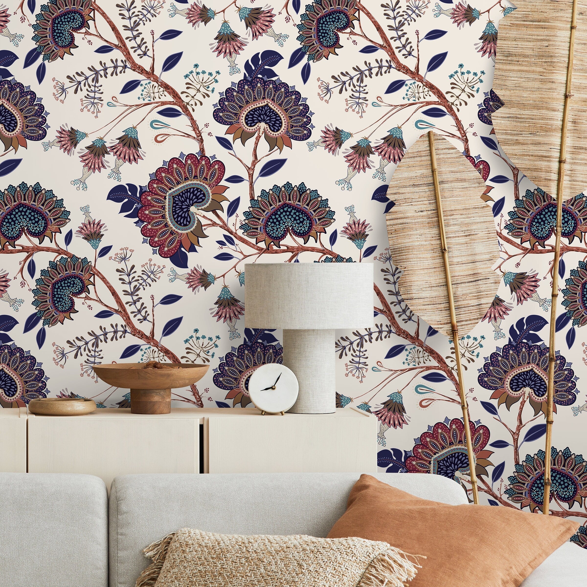 Floral Wallpaper With A Vintage Jacobean Print In Blue, Red, And Brown - A916