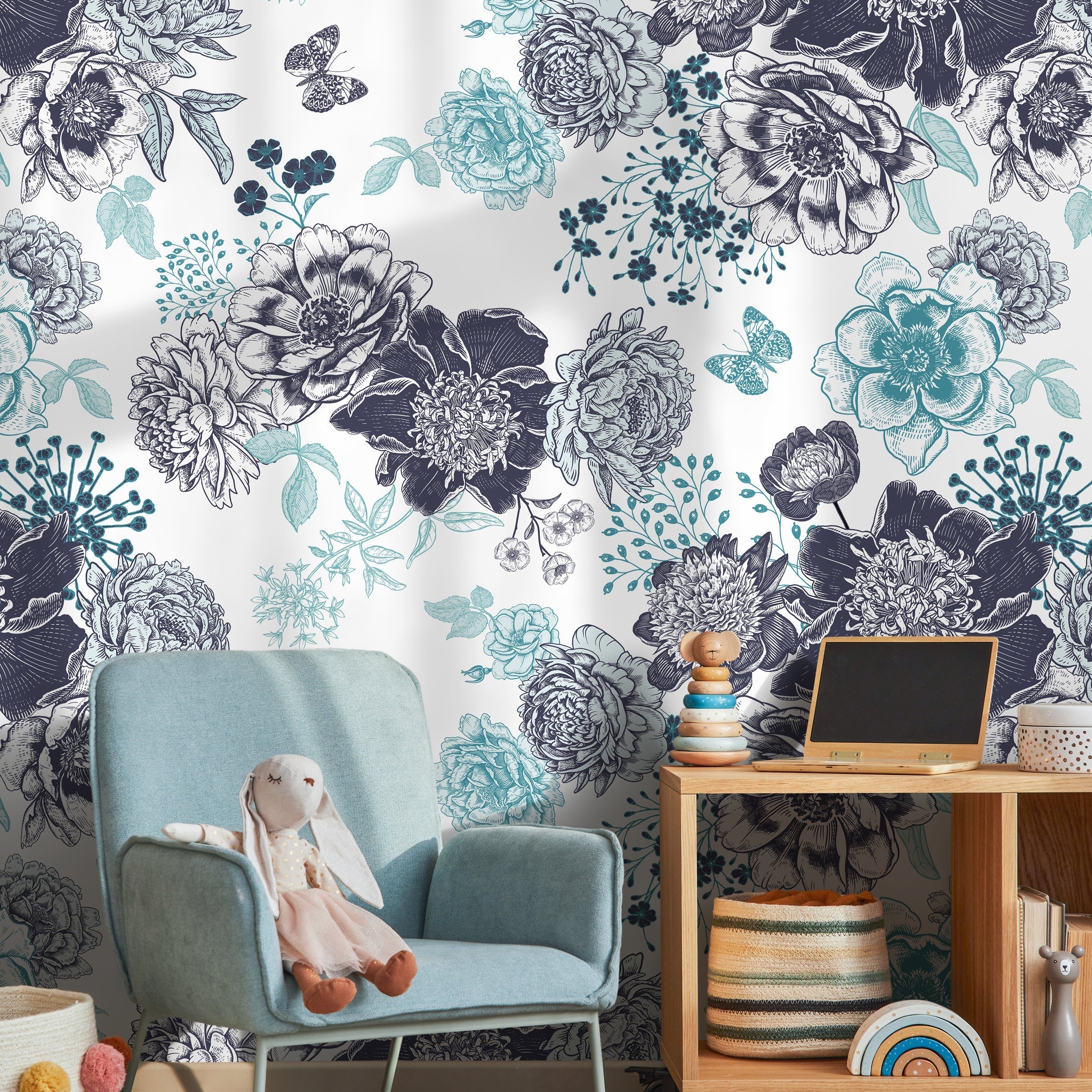 Floral Wallpaper With A Vintage Engraved Motif In Blue And Teal - A920