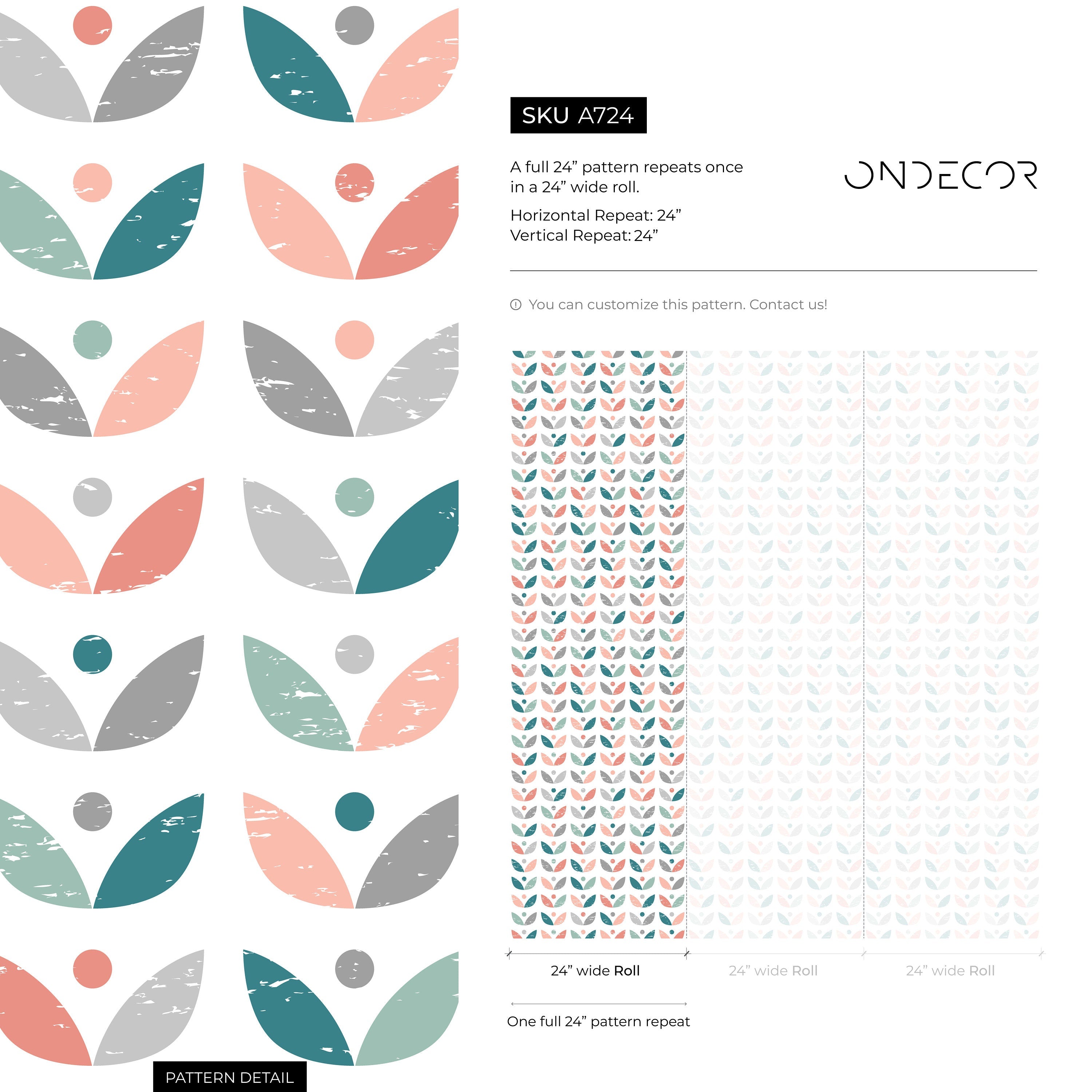 Scandinavian Wallpaper With A Retro Floral Motif In Teal, Coral, And Grey - A724