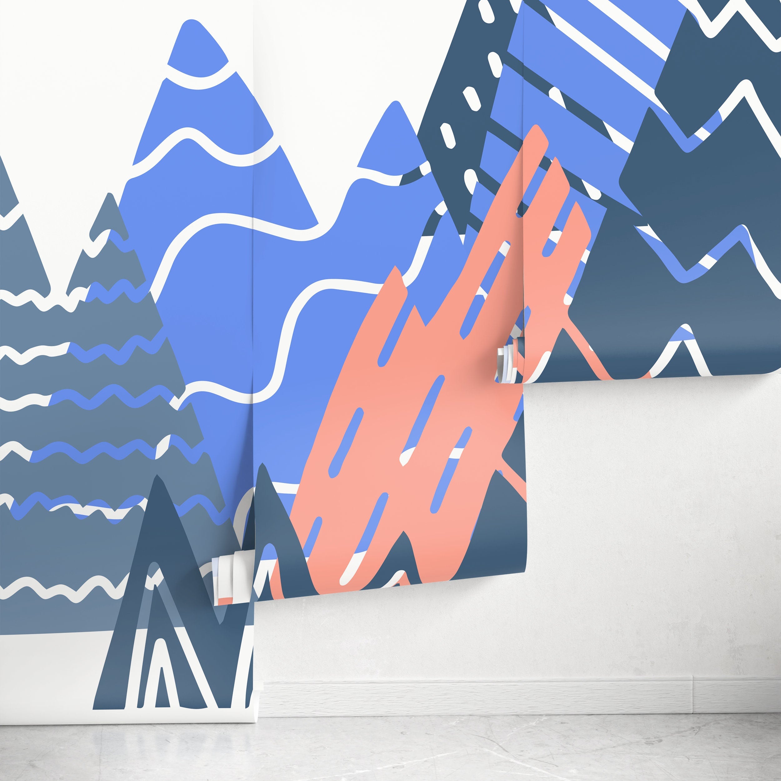 Abstract Wallpaper With A Stylized Mountain Range In Blue, Coral, And Navy - A950