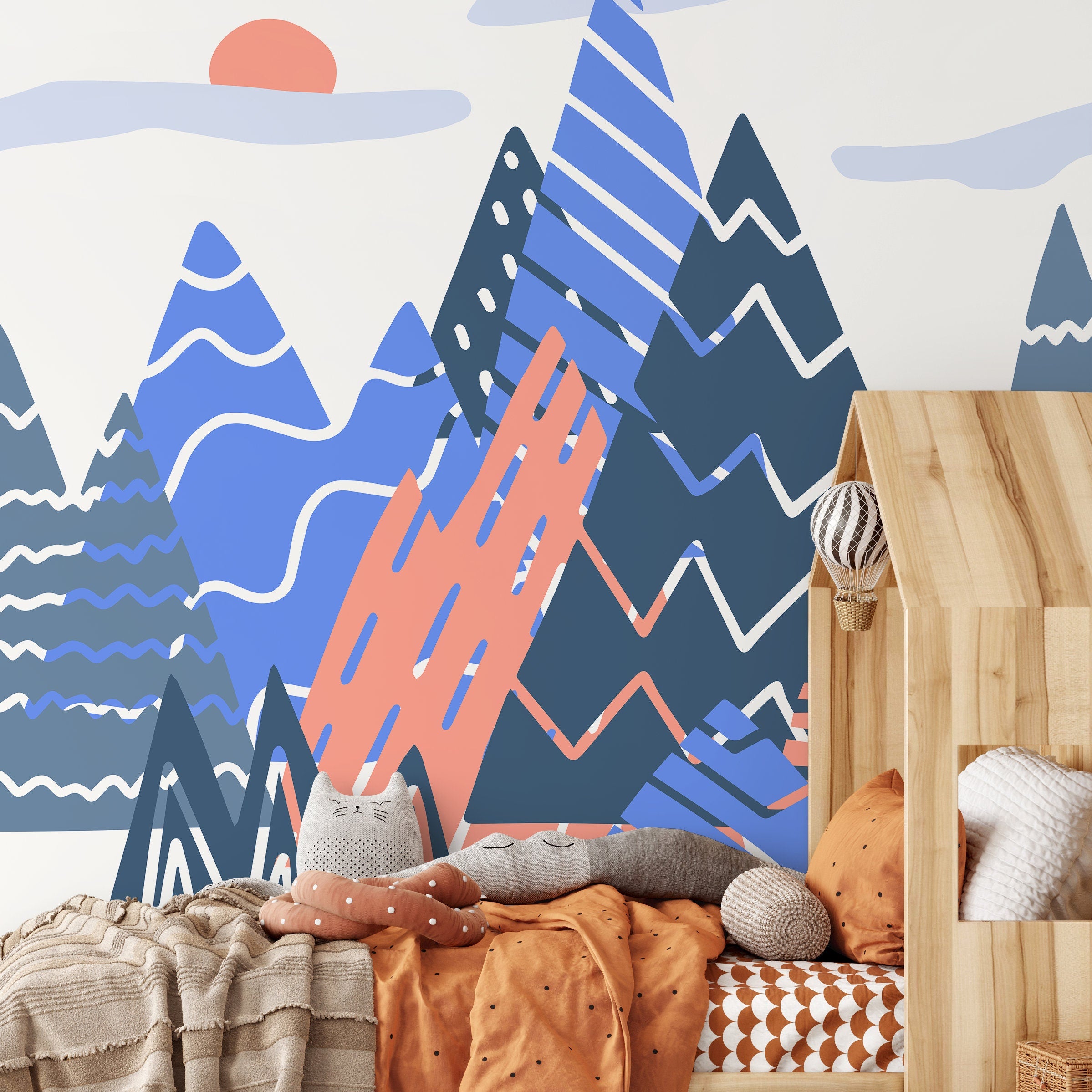 Abstract Wallpaper With A Stylized Mountain Range In Blue, Coral, And Navy - A950