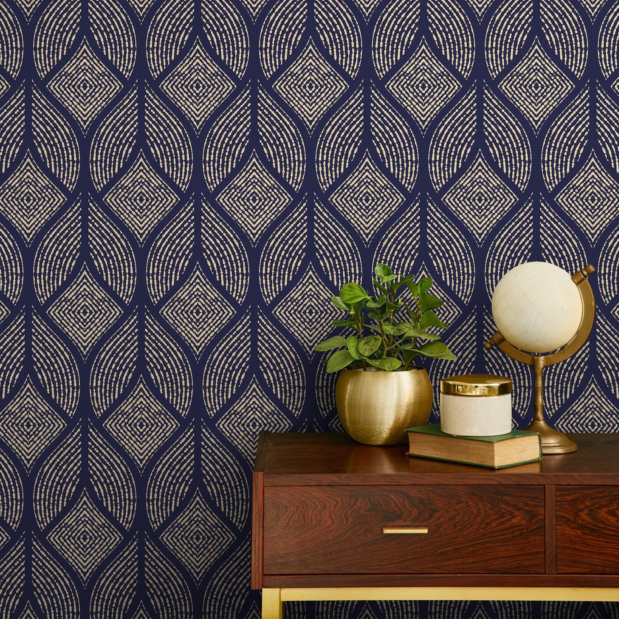 Geometric Wallpaper With Dotted Diamond Motifs In Navy Blue And Beige - A424