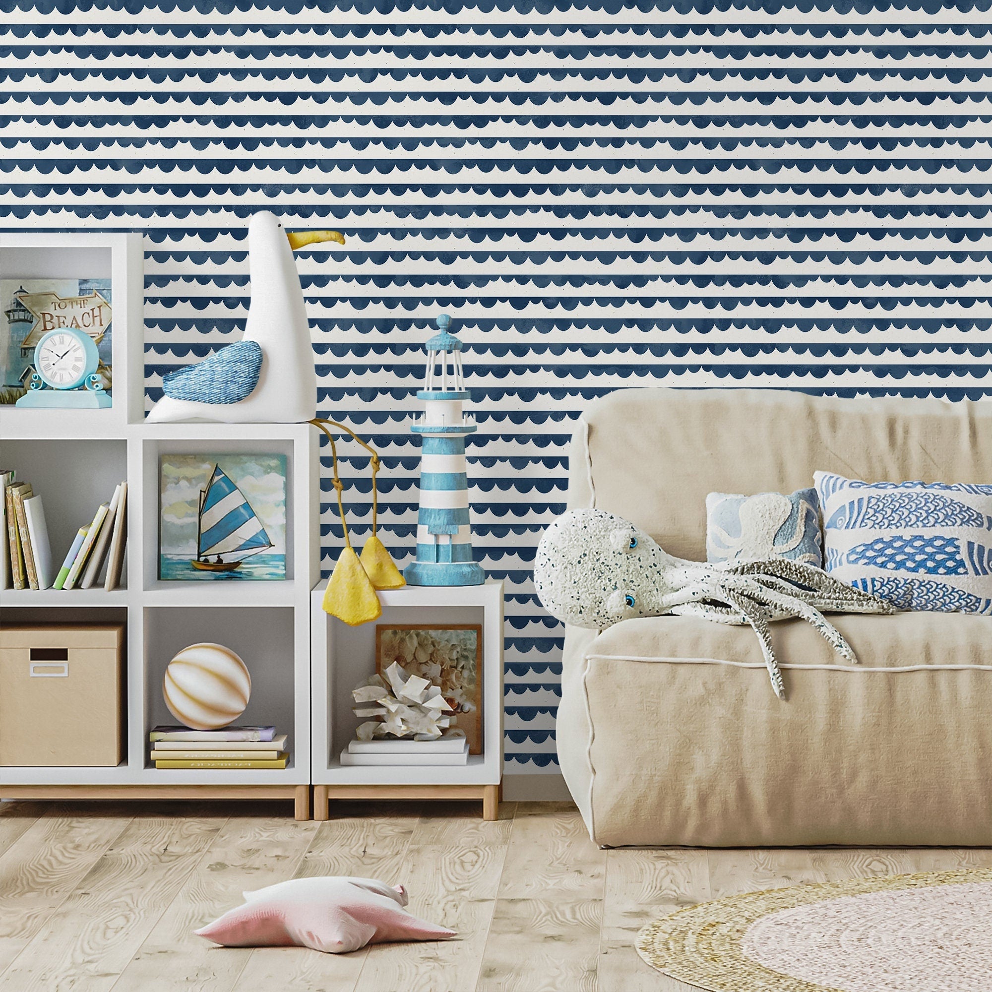 Nautical Wallpaper With A Scalloped Wave Motif In Navy Blue - A493