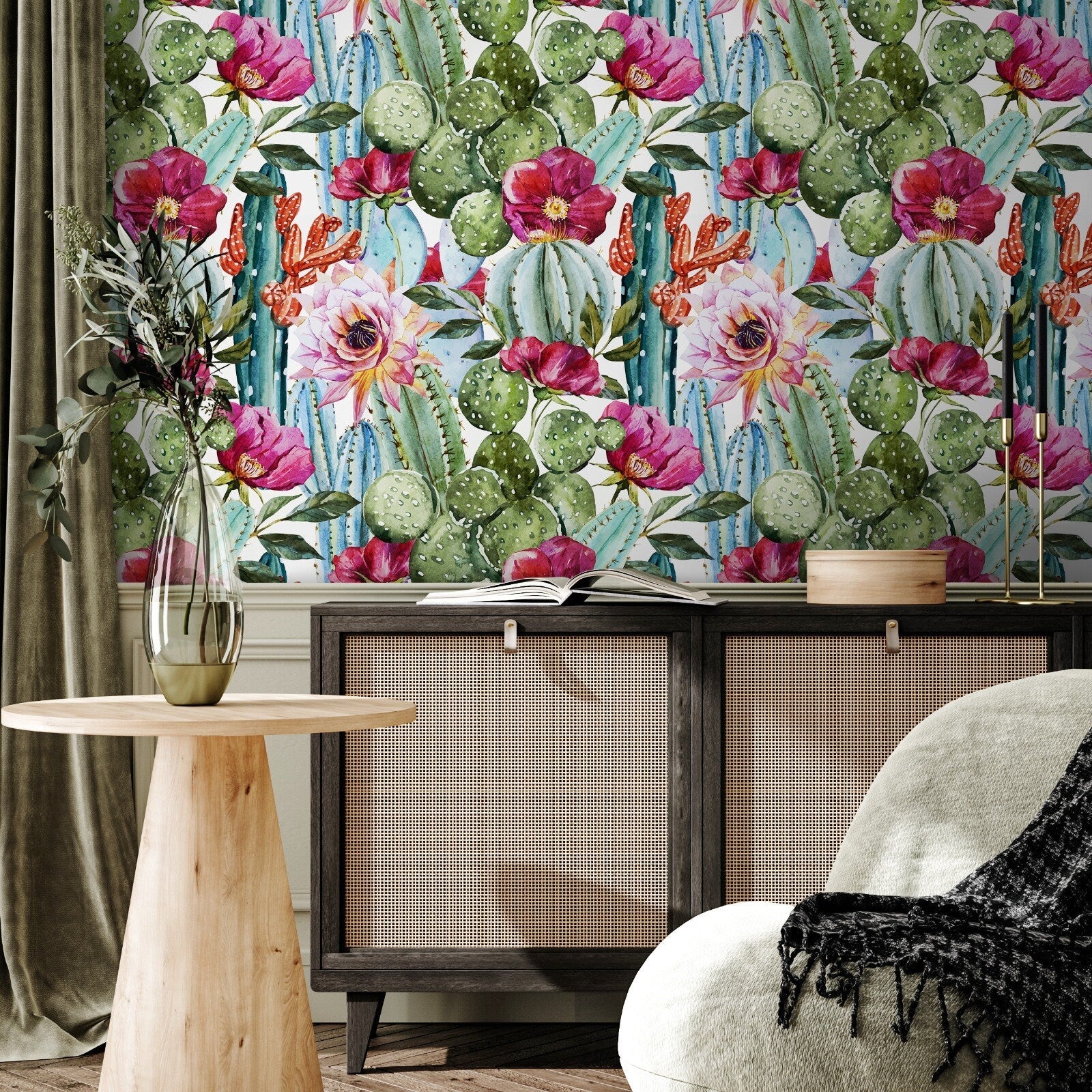 Botanical Wallpaper With Watercolor Cactus Blooms In Green And Pink - A005