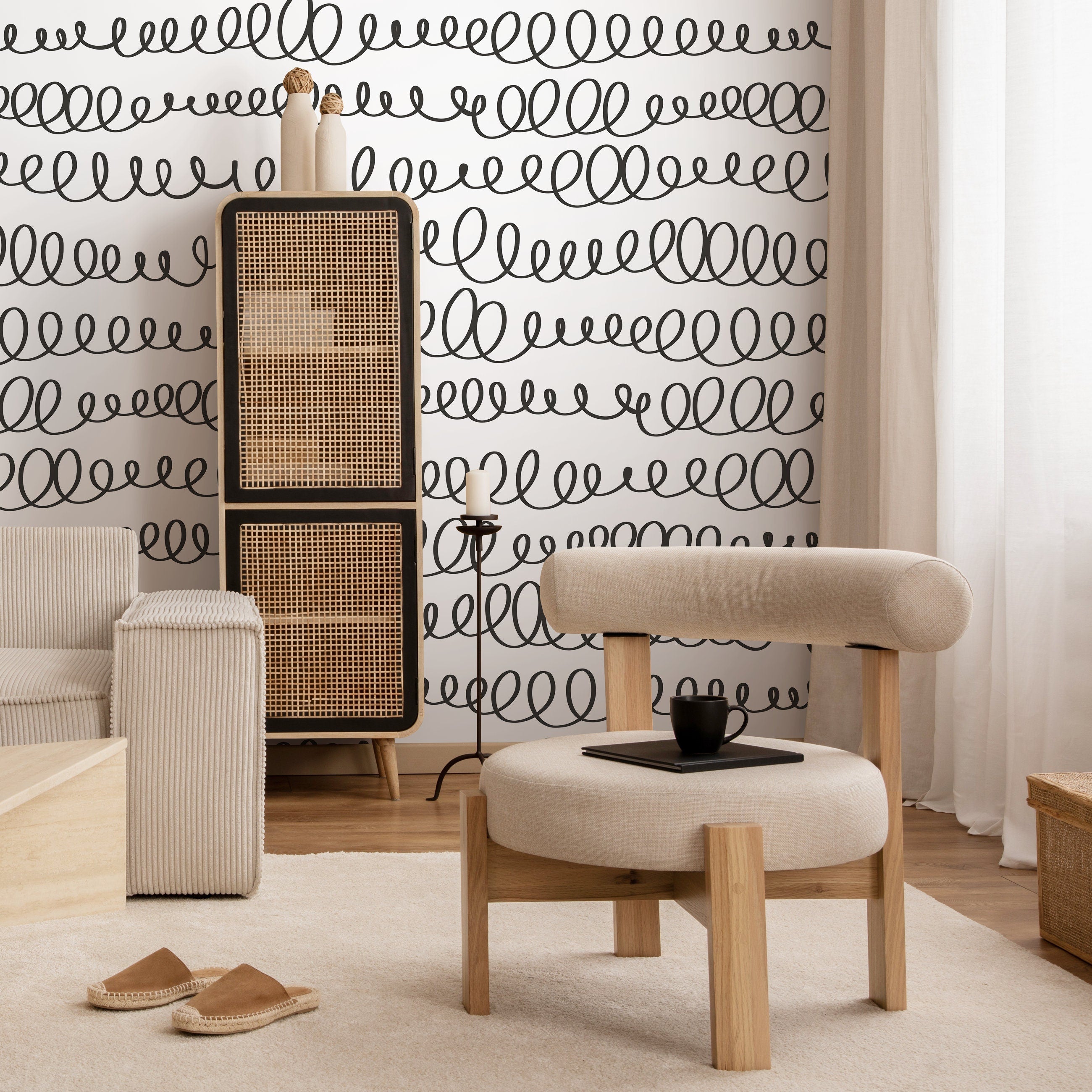 Abstract Wallpaper With A Hand-drawn Loop Motif In Black And White - A008