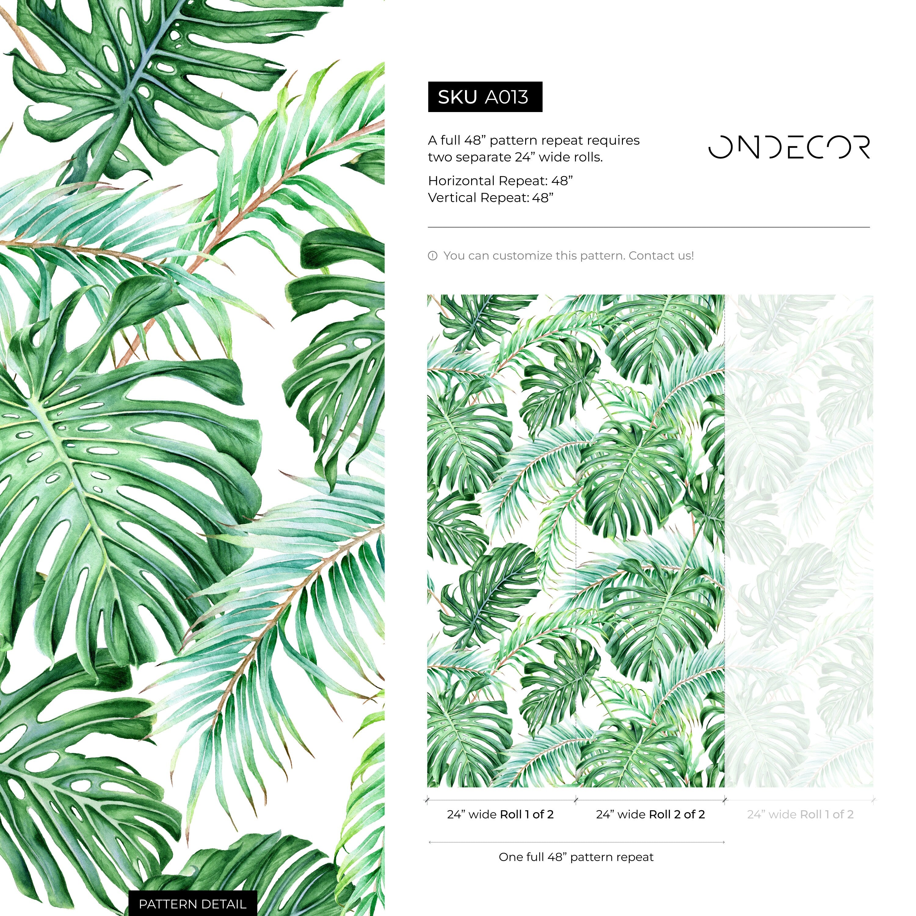 Tropical Wallpaper With Watercolor Monstera And Palm Leaves In Green - A013