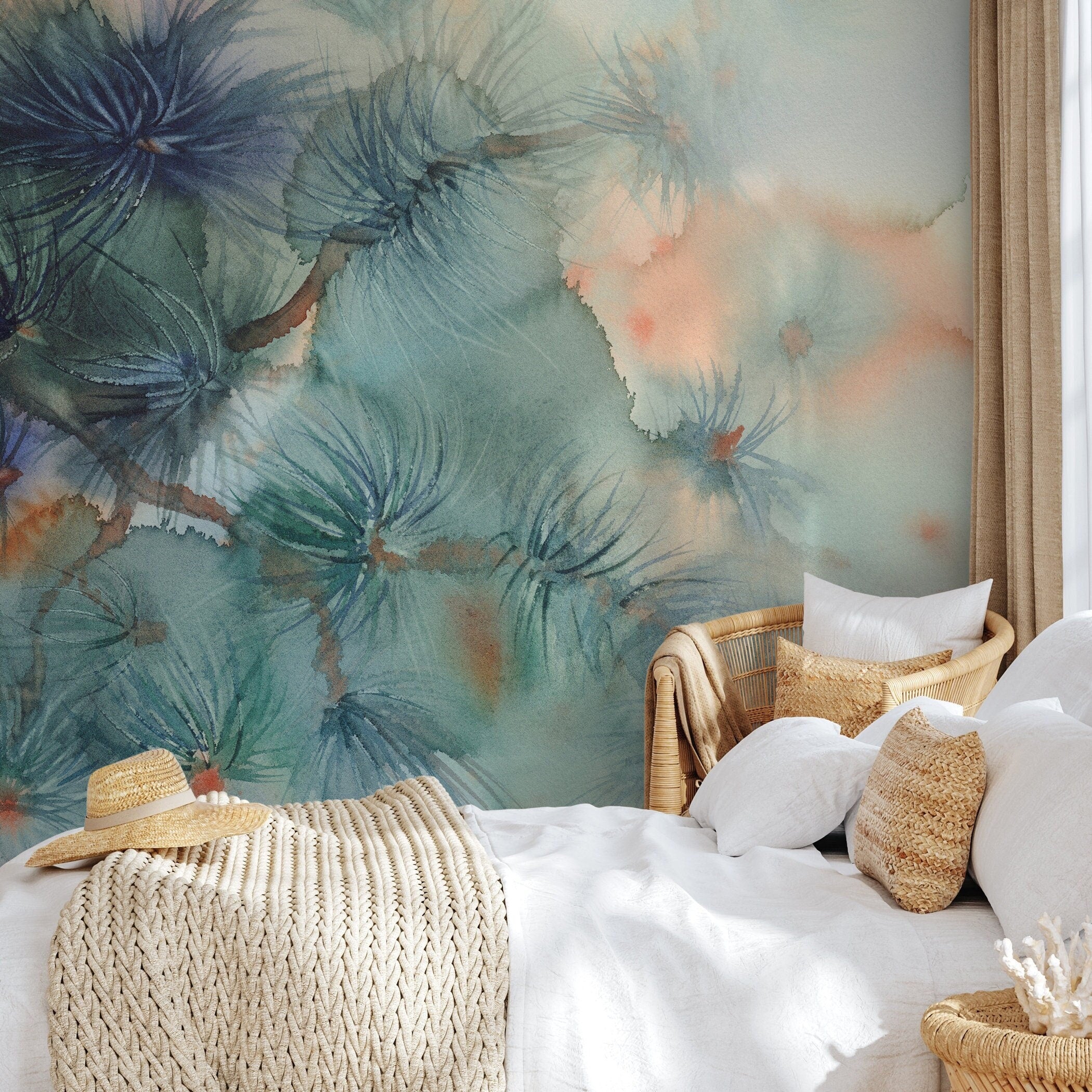 Botanical Wallpaper With A Watercolor Pine Motif In Teal, Green, And Orange - A014