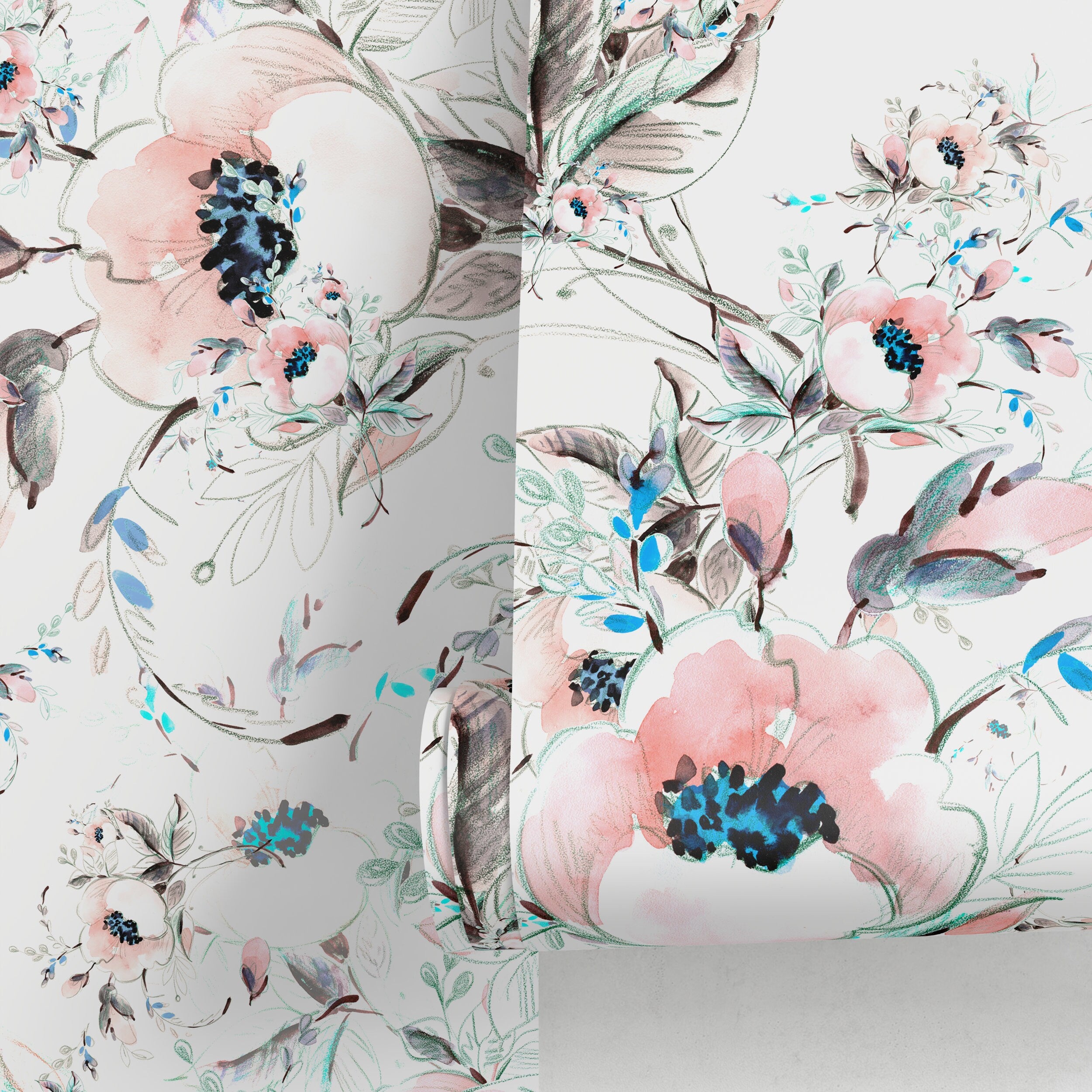 Floral Wallpaper Featuring Watercolor Blooms In Pink, Blue, And Black - A015