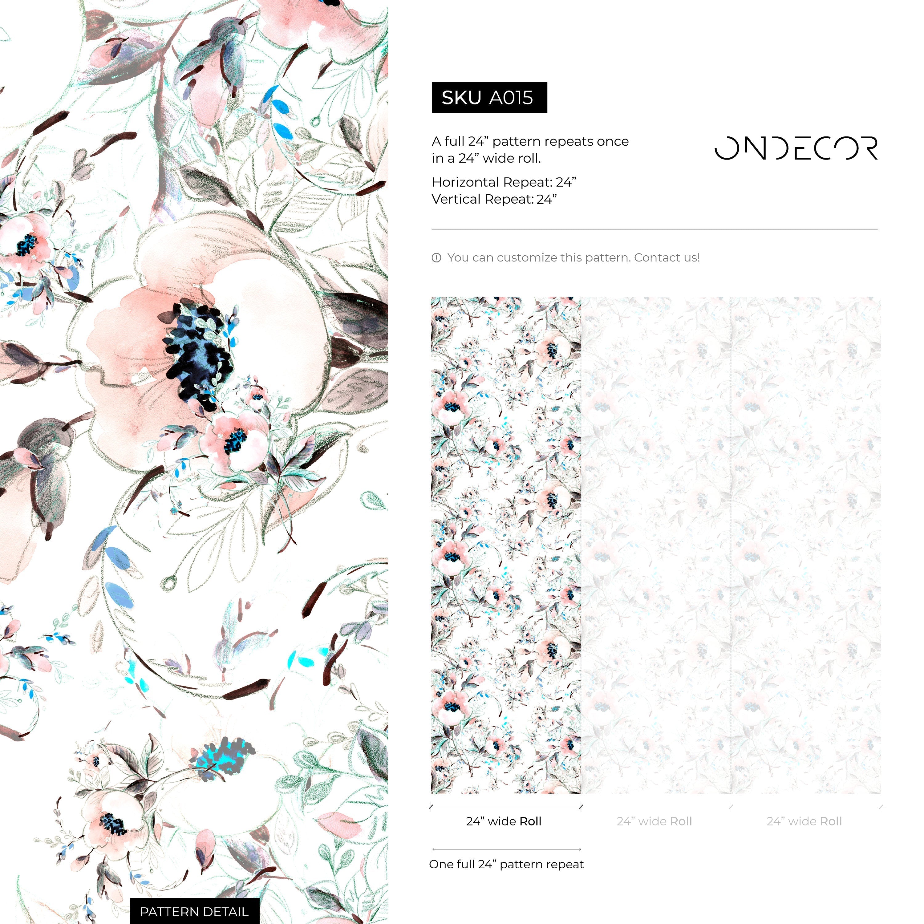 Floral Wallpaper Featuring Watercolor Blooms In Pink, Blue, And Black - A015