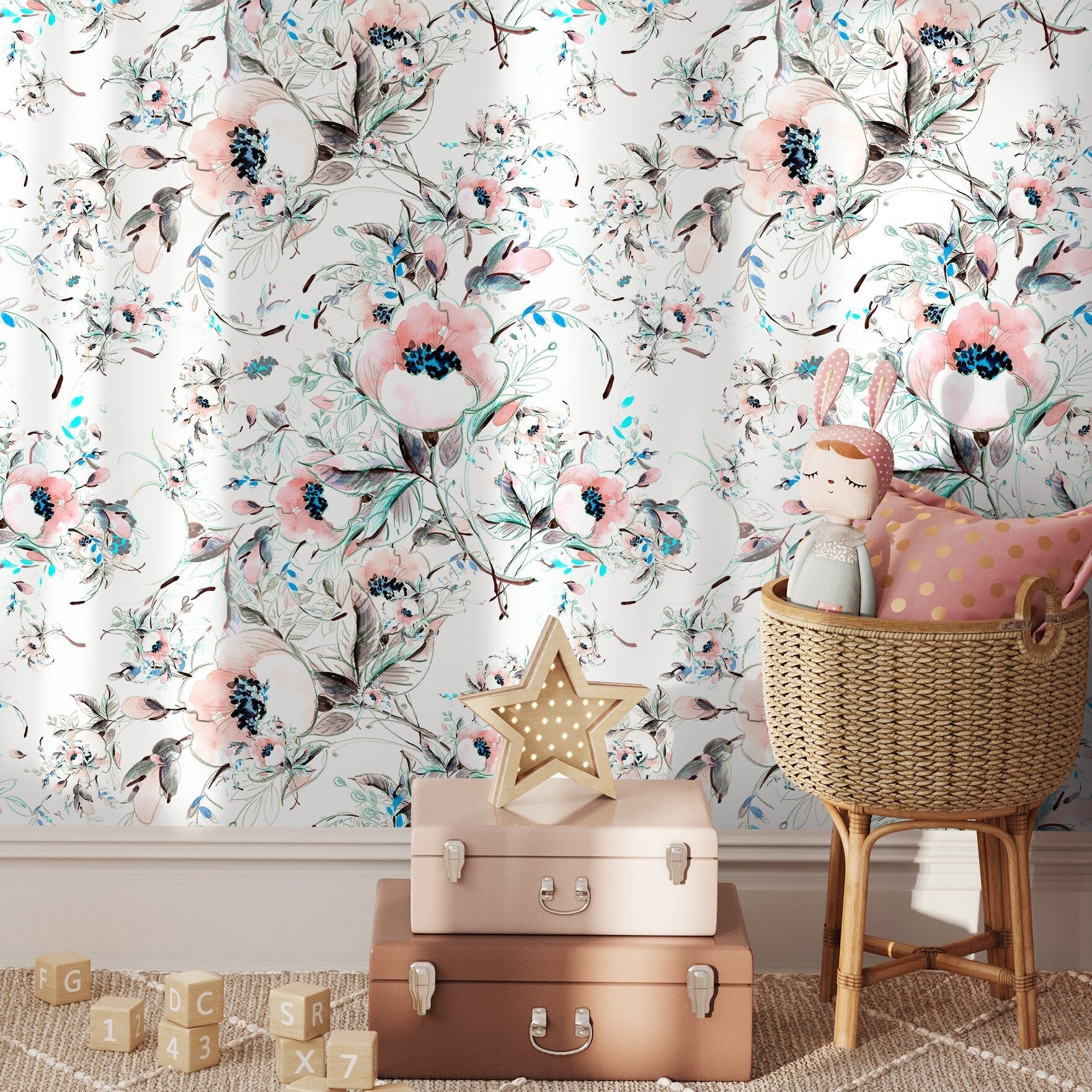 Floral Wallpaper Featuring Watercolor Blooms In Pink, Blue, And Black - A015