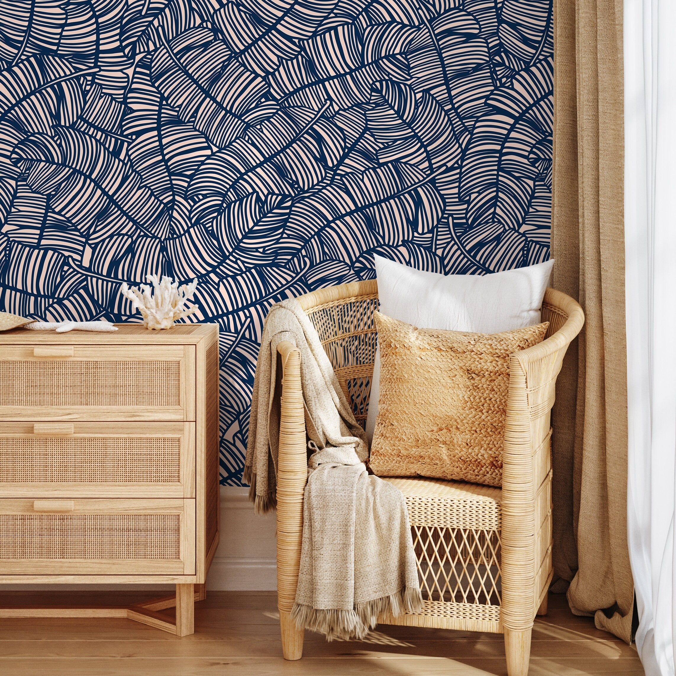 Abstract Wallpaper With A Bold Banana Leaf Motif In Navy Blue And Blush Pink - A016