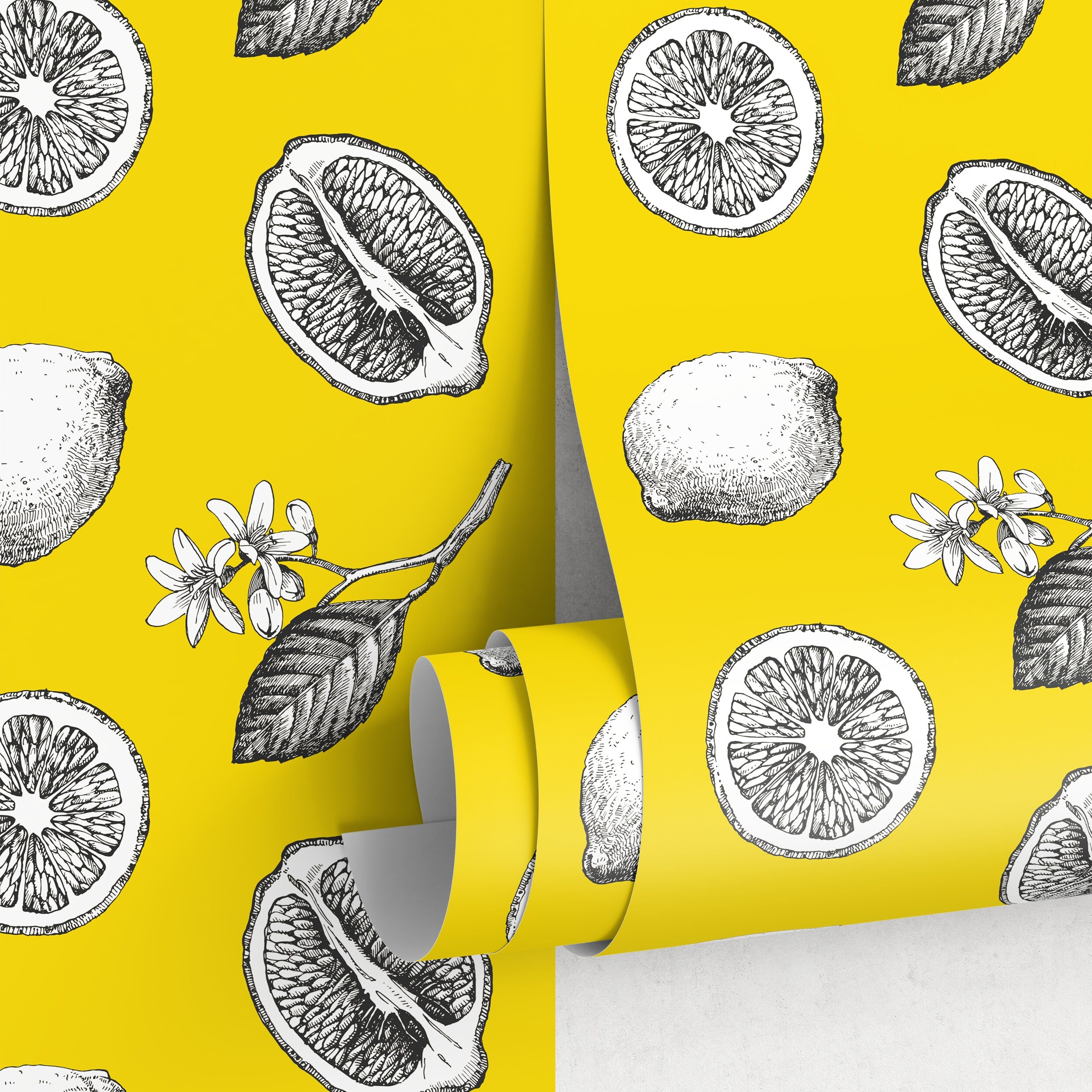 Botanical Wallpaper With Vintage Lemon Sketches In Yellow, Black, And White - A017