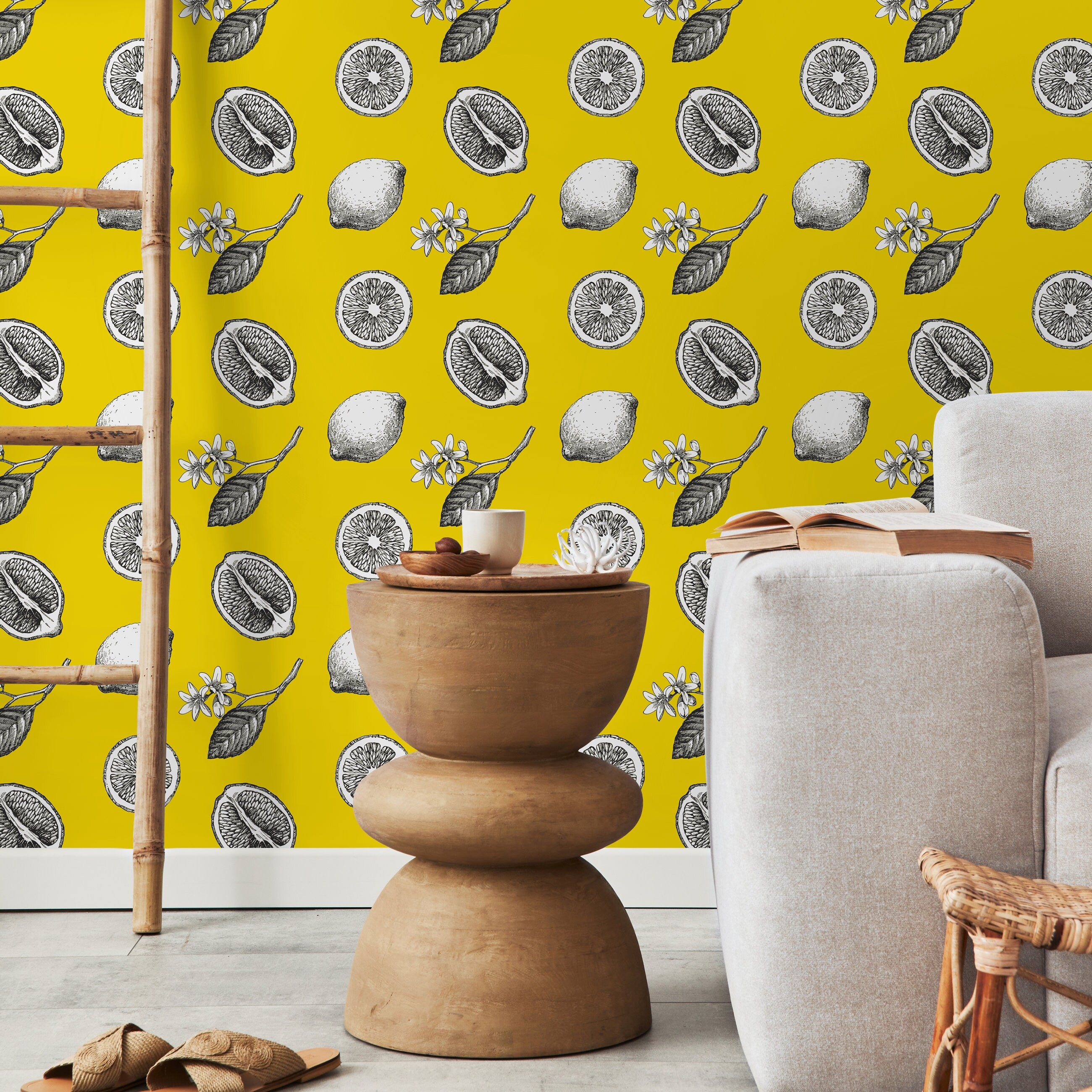 Botanical Wallpaper With Vintage Lemon Sketches In Yellow, Black, And White - A017
