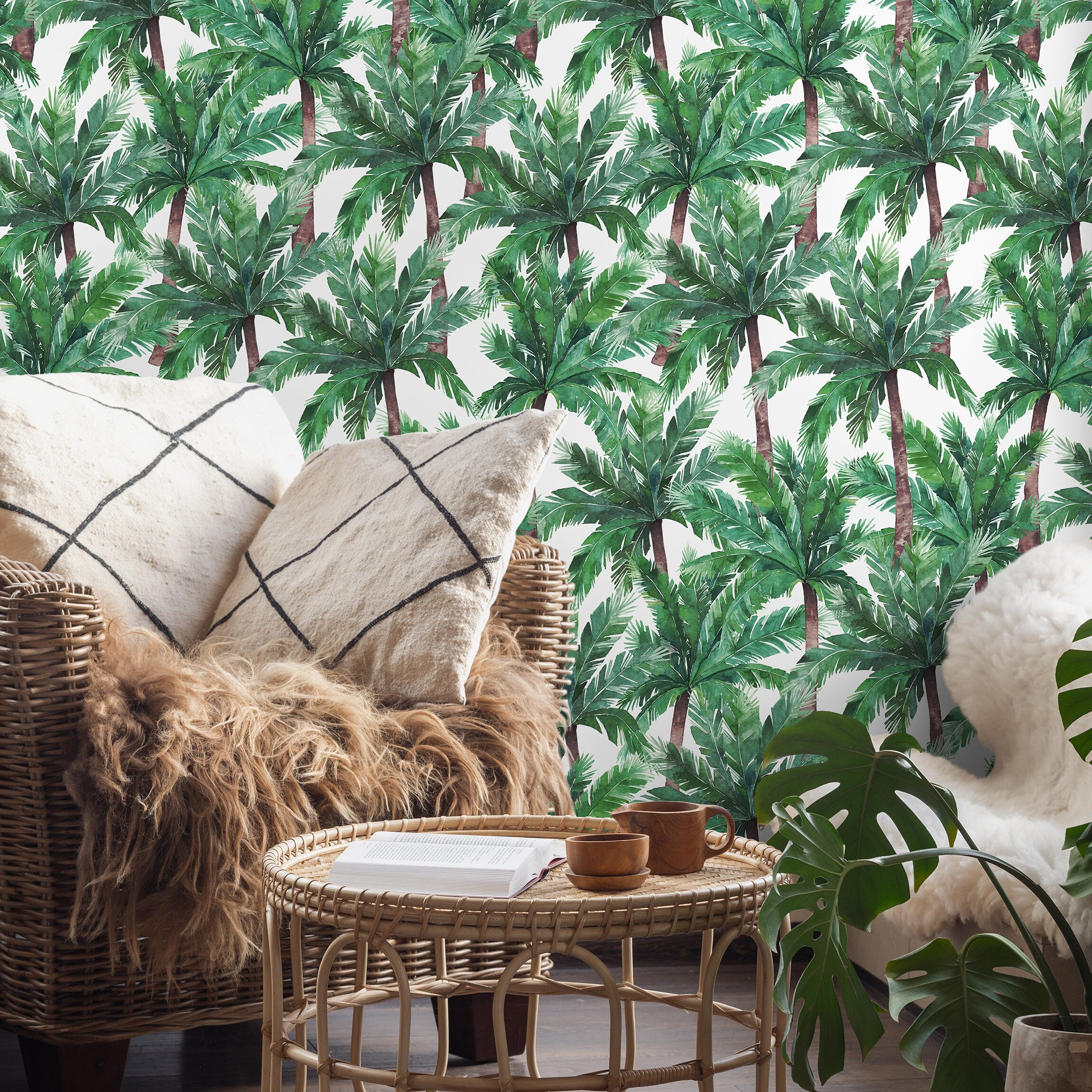 Tropical Wallpaper With A Watercolor Palm Tree Motif In Green And Brown - A019