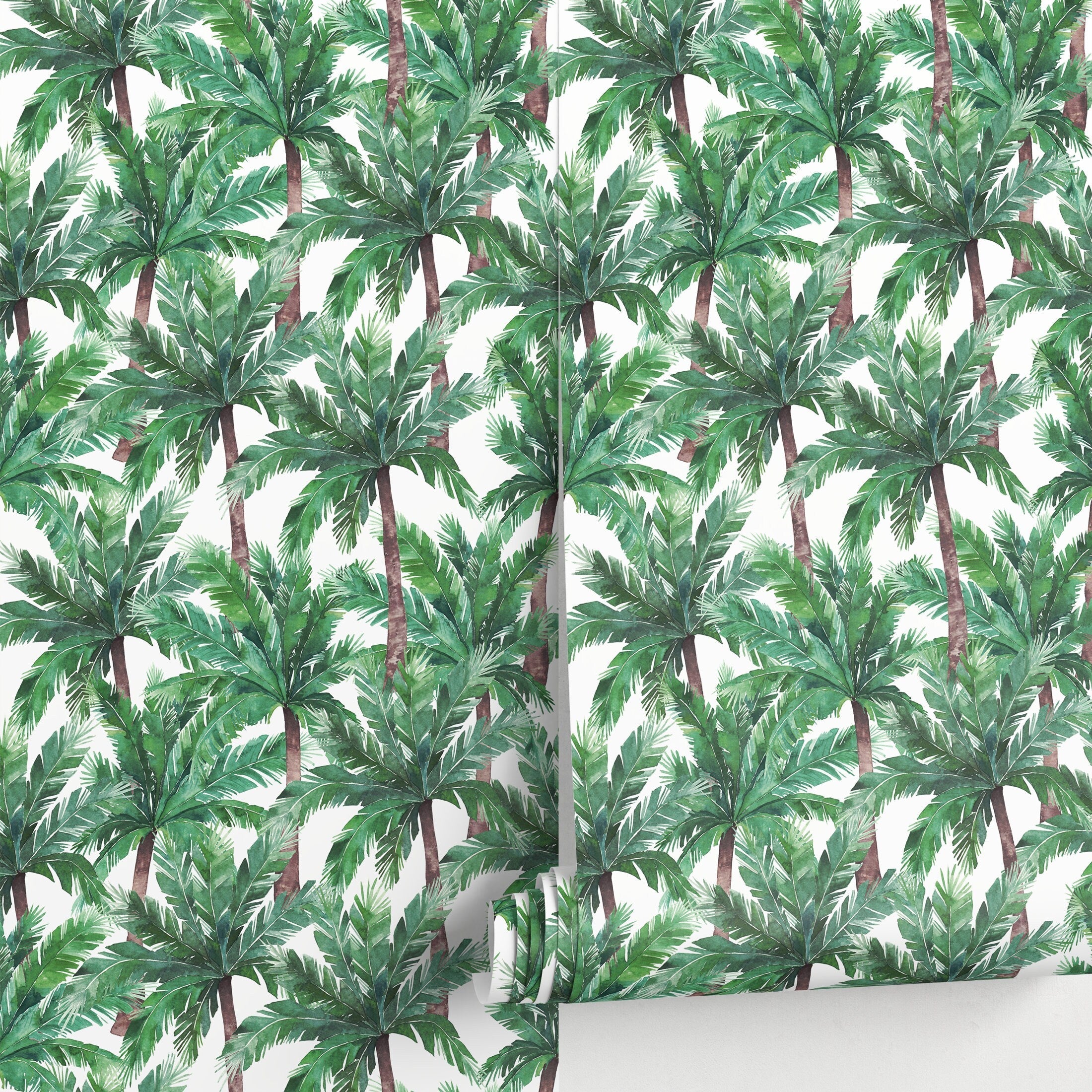 Tropical Wallpaper With A Watercolor Palm Tree Motif In Green And Brown - A019