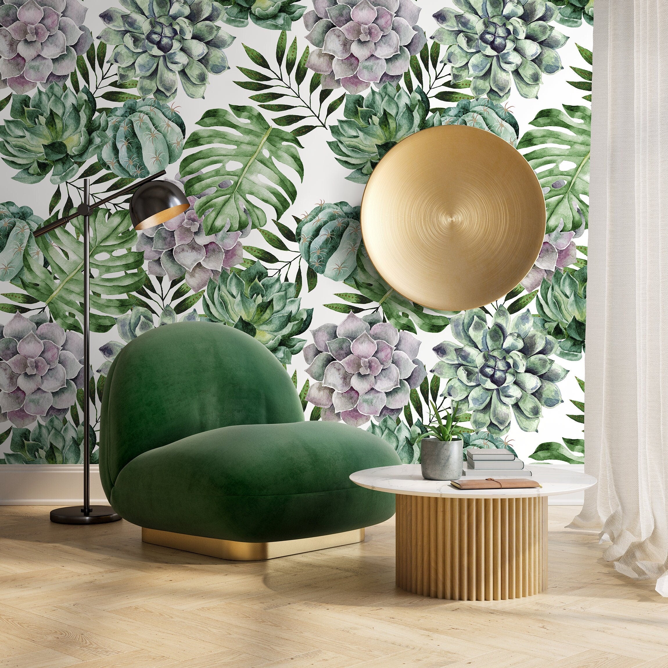 Botanical Wallpaper With Watercolor Succulents And Monstera In Green And Purple - A020