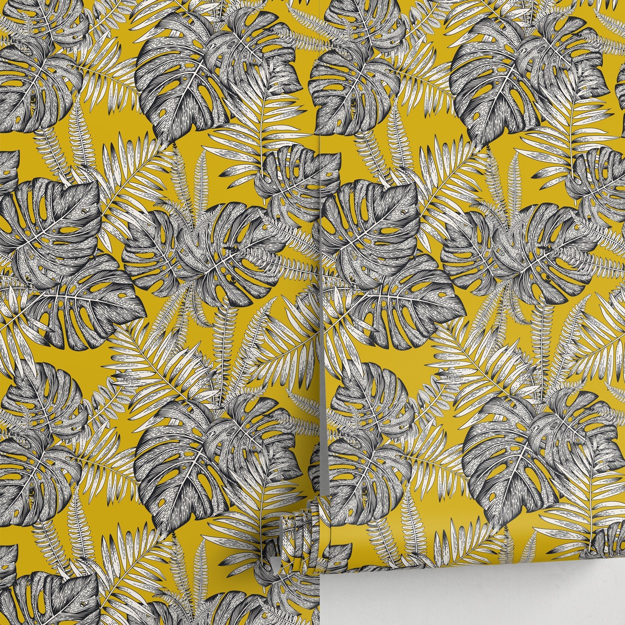 Botanical Wallpaper With Monstera And Palm Leaves In Yellow, Black, And White - D981