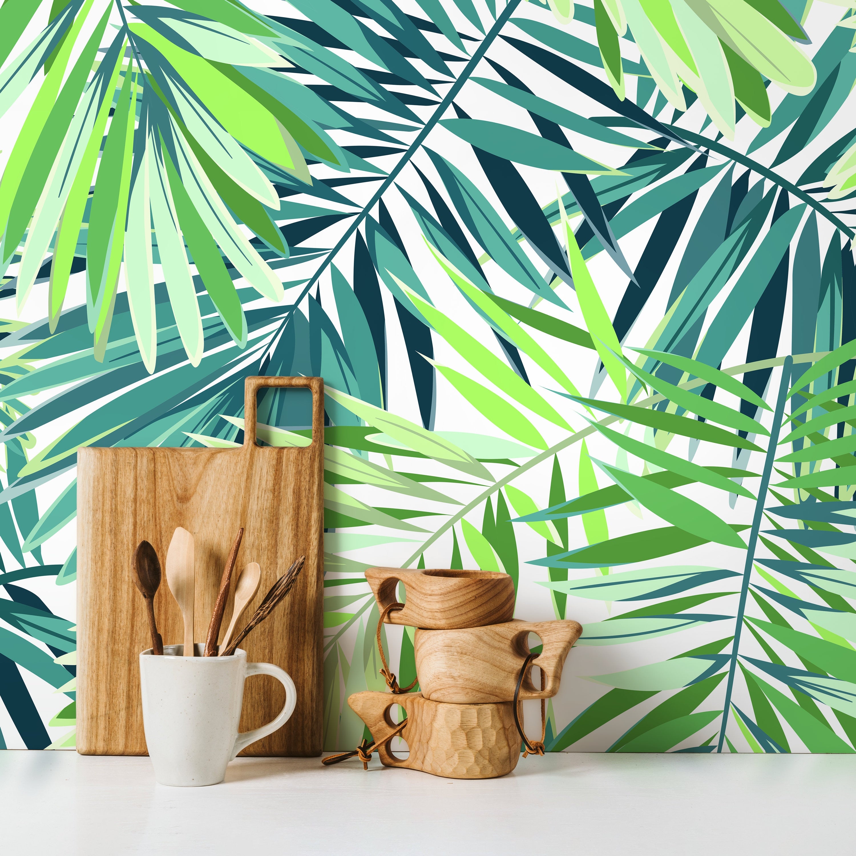 Botanical Wallpaper With Layered Palm Fronds In Green And Teal - A011