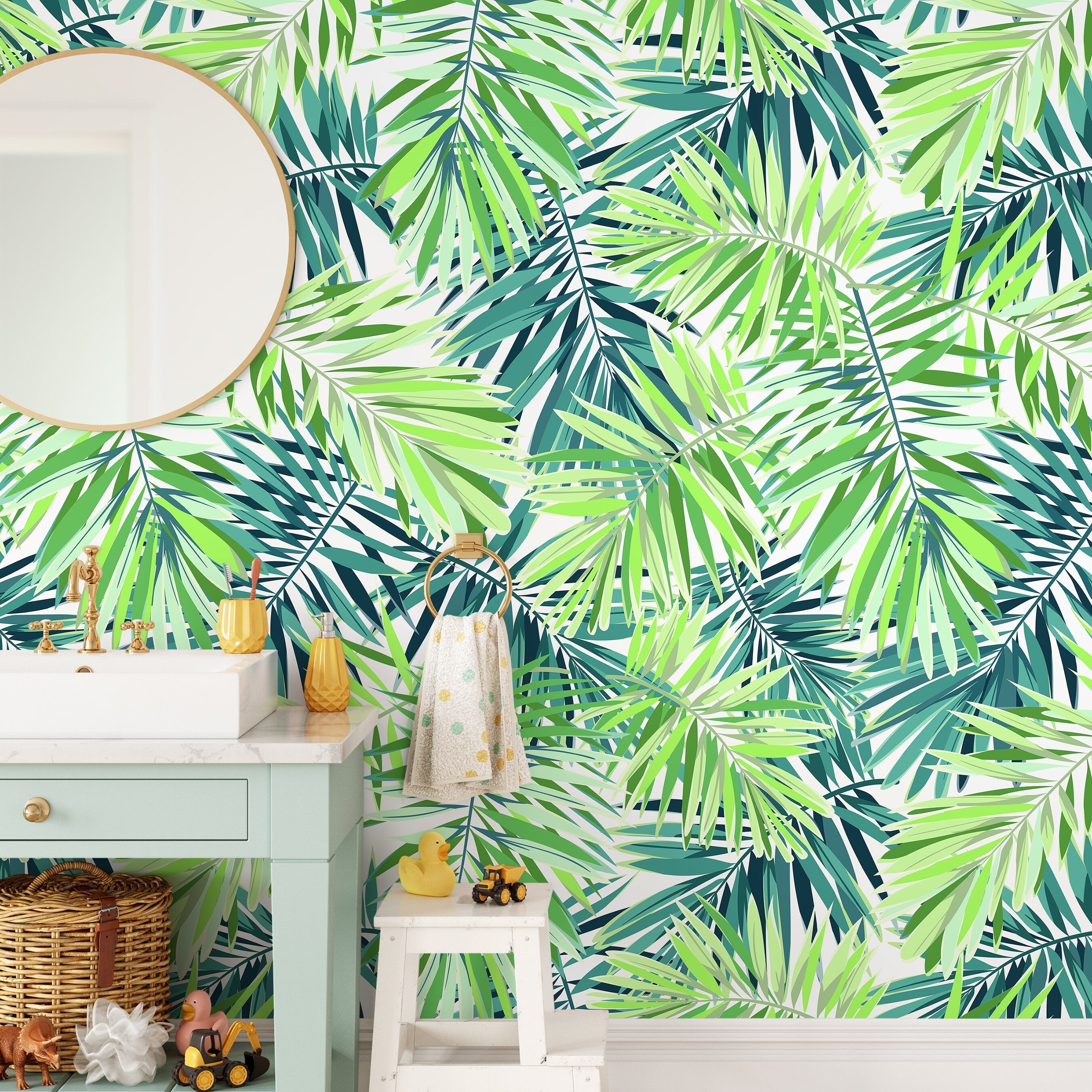 Botanical Wallpaper With Layered Palm Fronds In Green And Teal - A011
