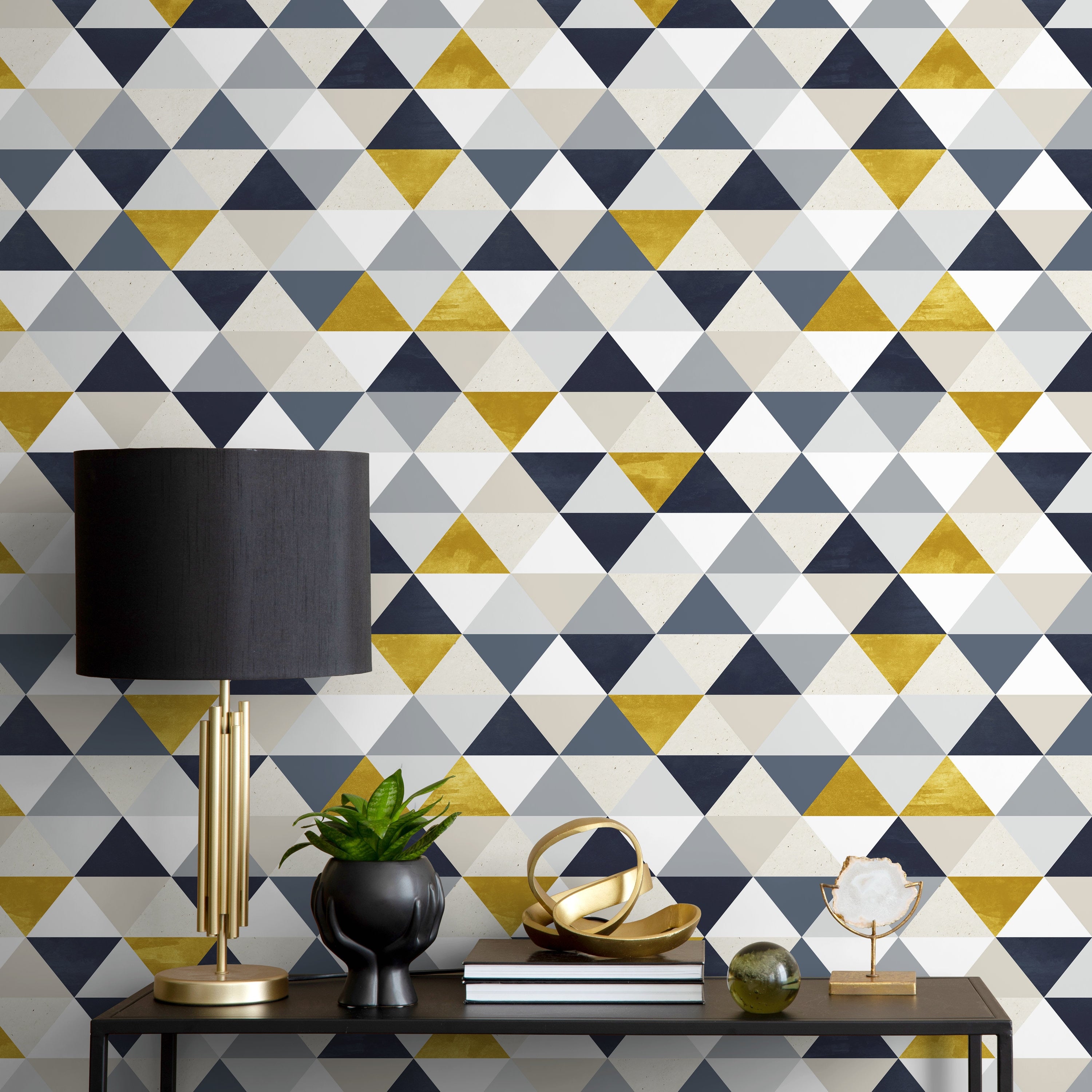 Geometric Wallpaper With A Modern Triangle Motif In Gold, Grey, And Blue - A196