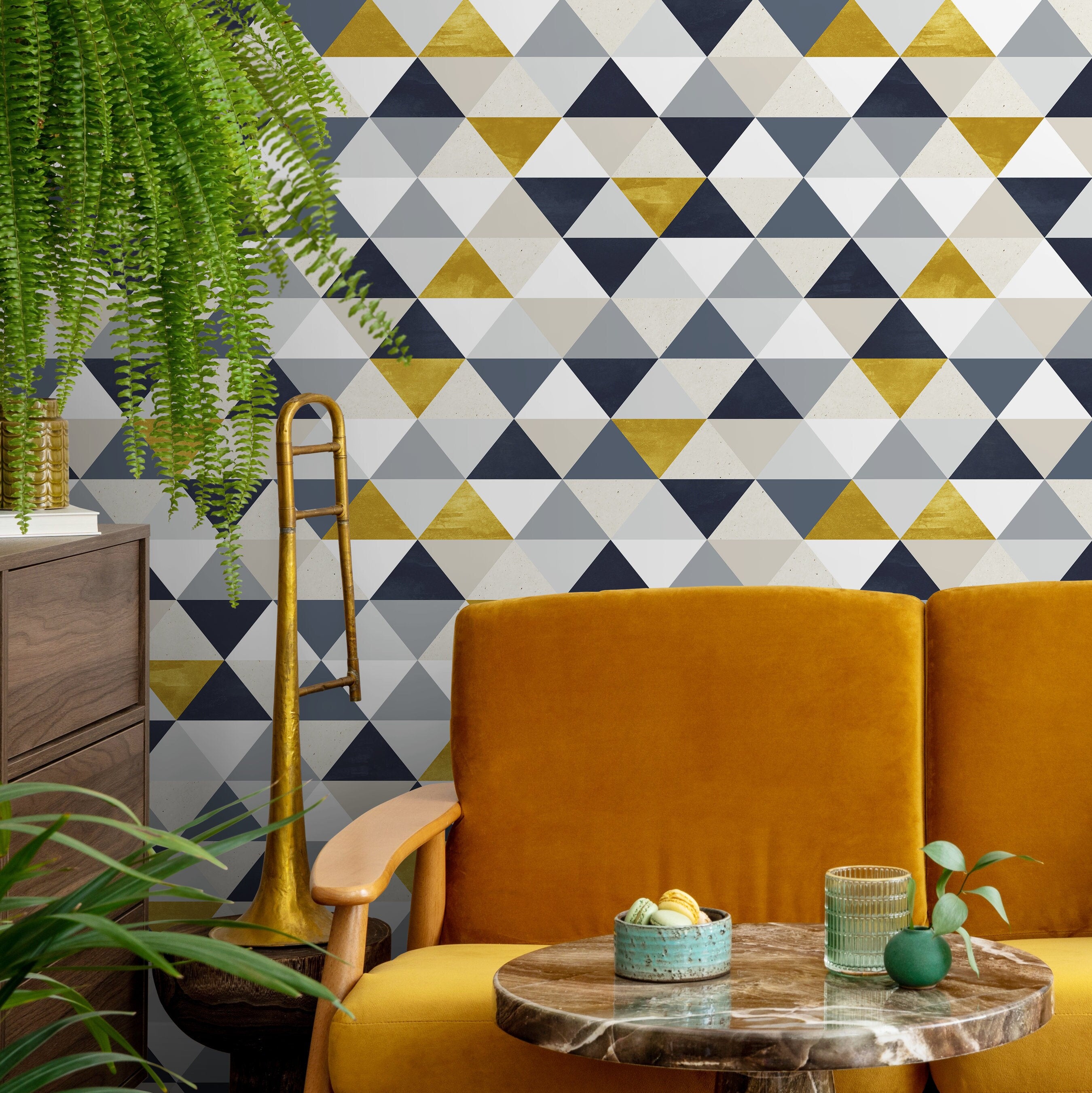 Geometric Wallpaper With A Modern Triangle Motif In Gold, Grey, And Blue - A196
