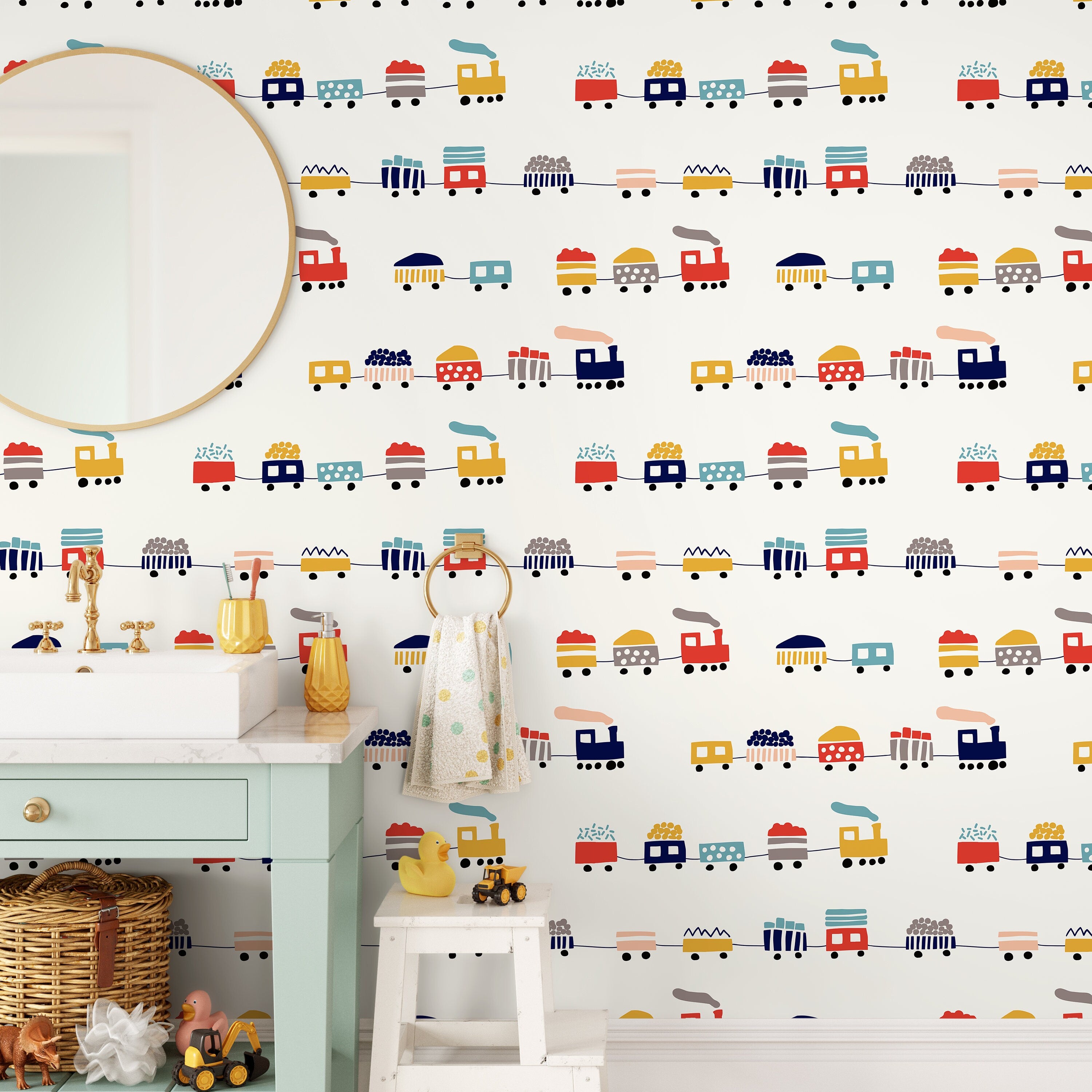 Kids Wallpaper With A Colorful Train Motif In Red, Yellow, And Blue - A328