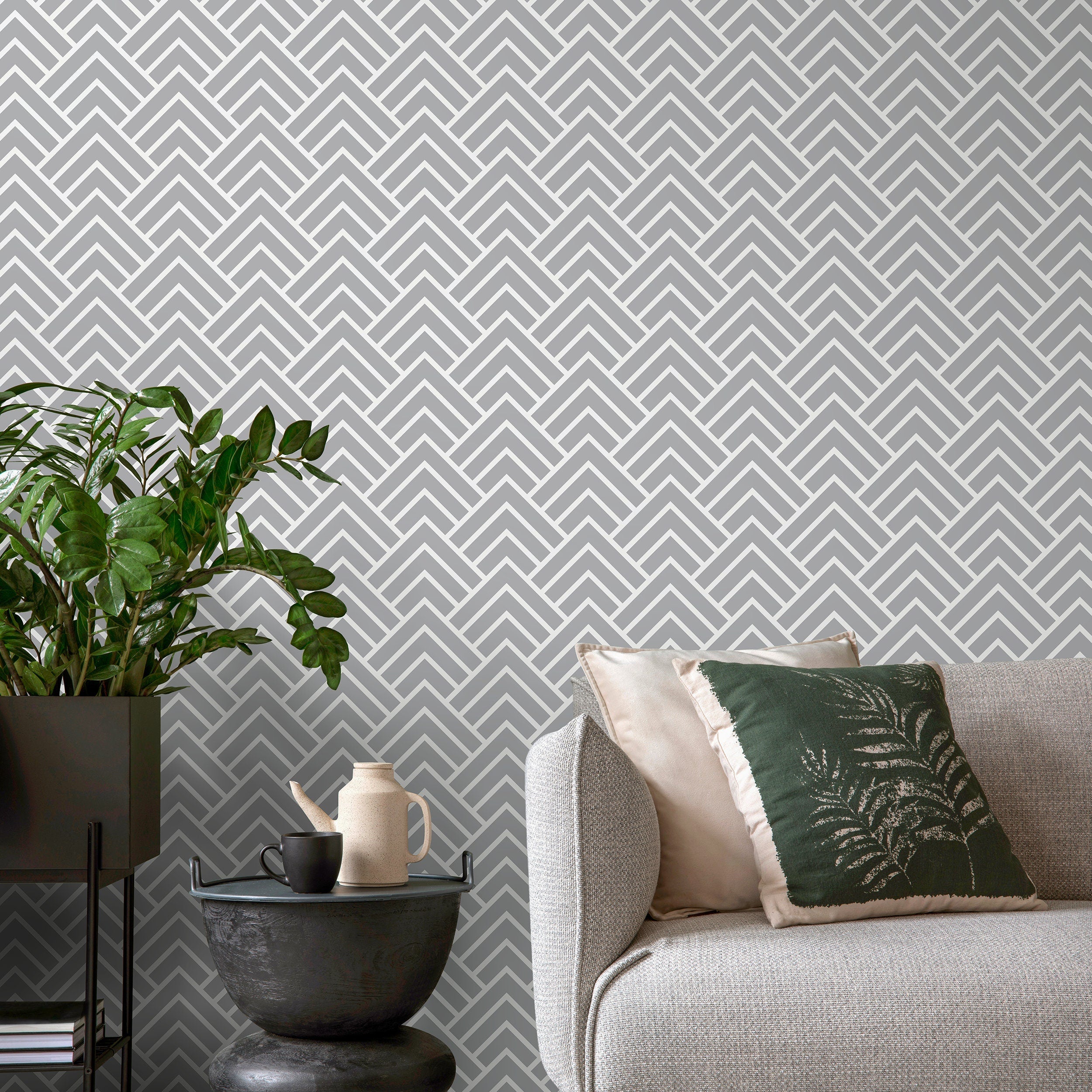 Geometric Wallpaper With An Art Deco-inspired Motif In Grey And White - A329