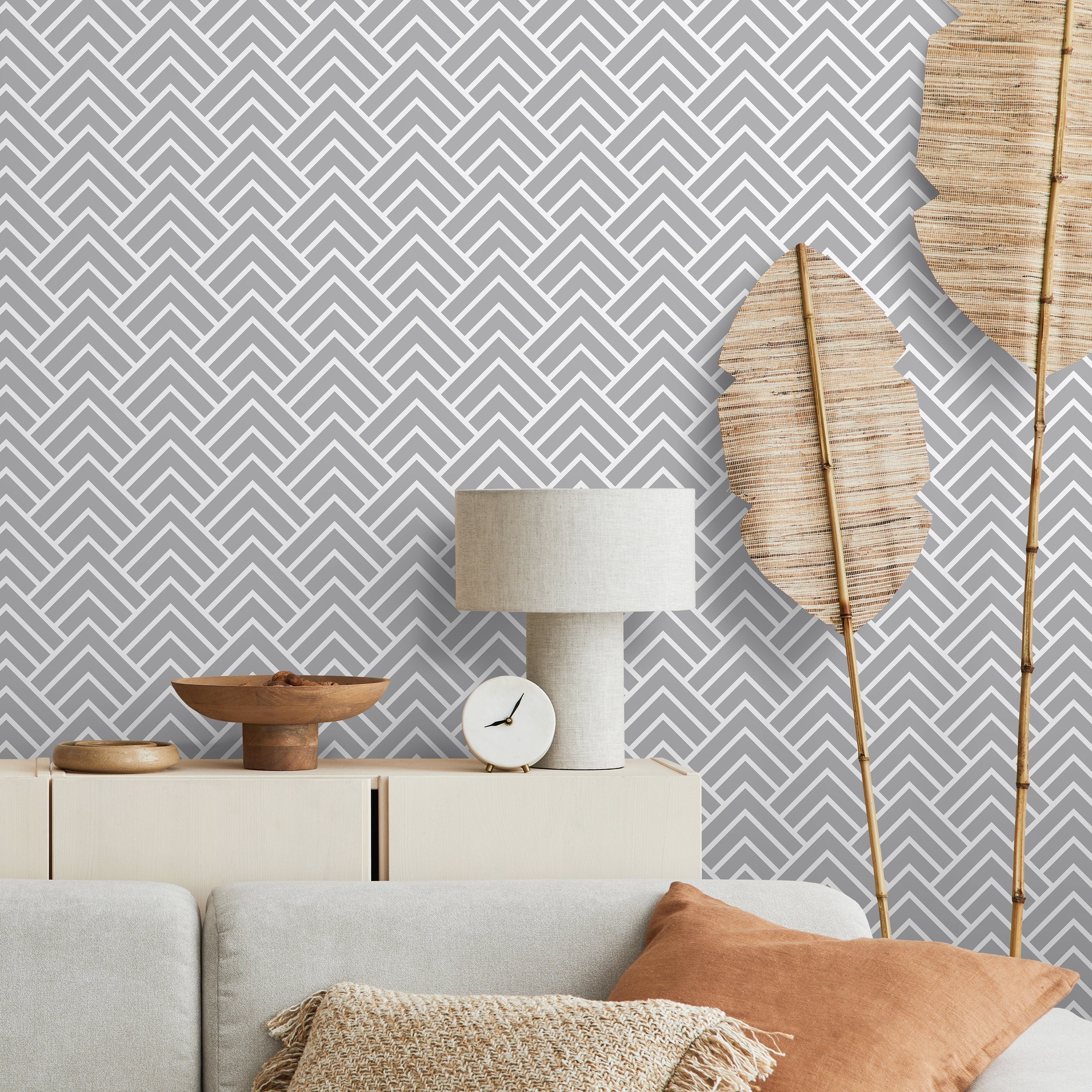 Geometric Wallpaper With An Art Deco-inspired Motif In Grey And White - A329