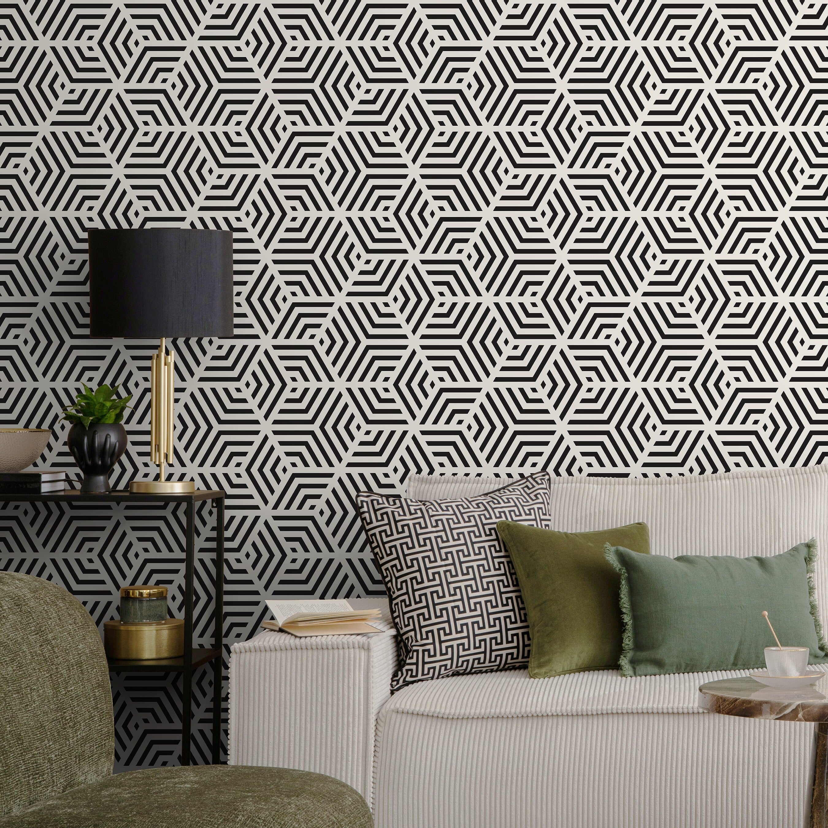 Geometric Wallpaper With An Interlocking Hexagon Motif In Black And White - A331