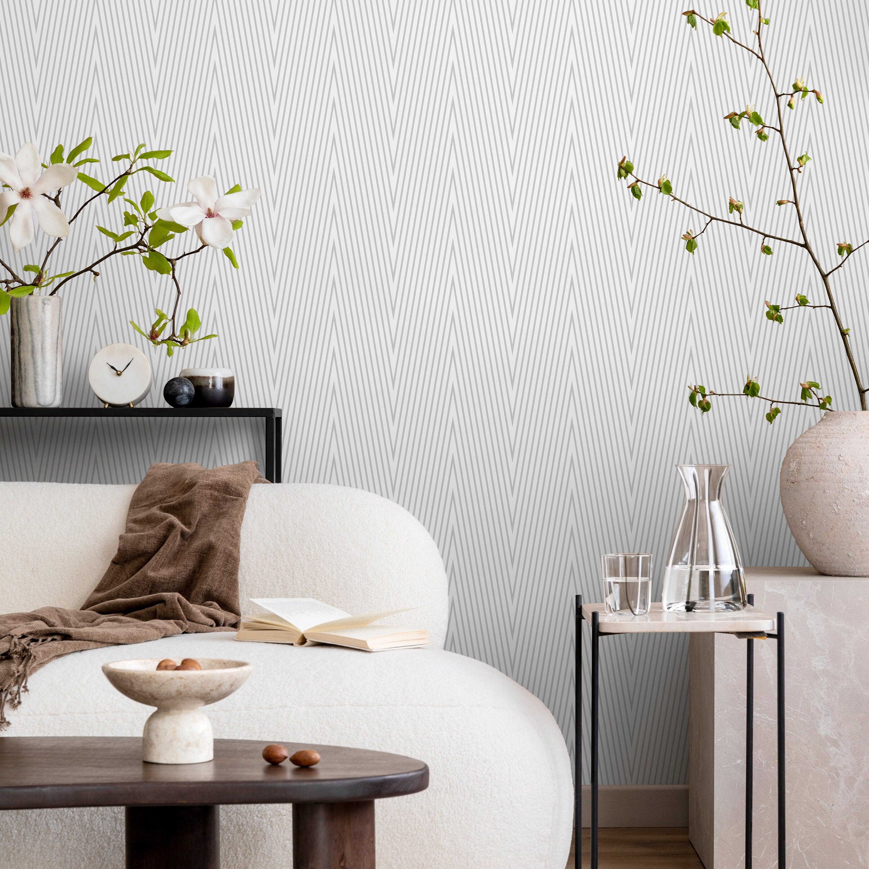 Geometric Wallpaper With A Thin Chevron Line Motif In Gray And White - A332