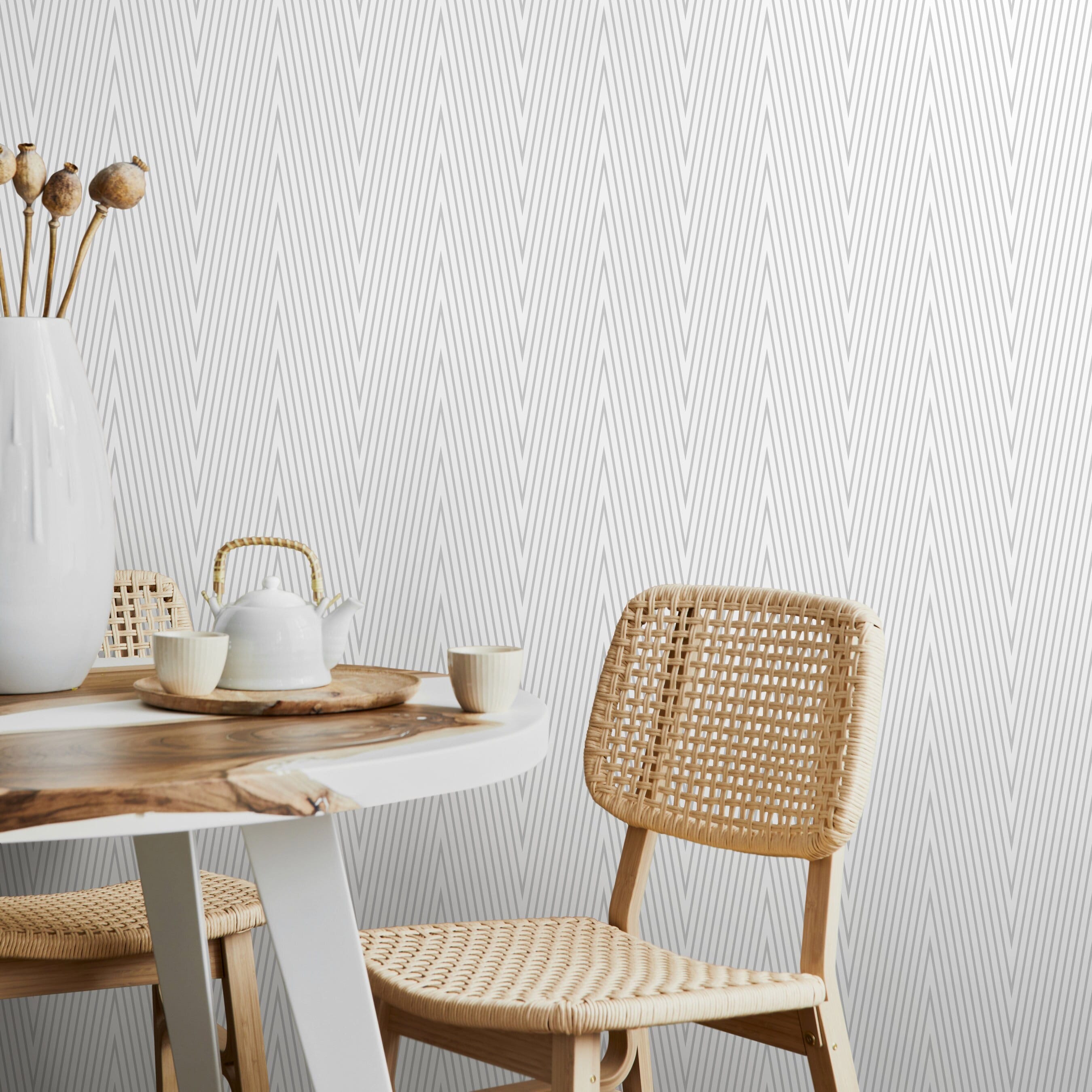 Geometric Wallpaper With A Thin Chevron Line Motif In Gray And White - A332