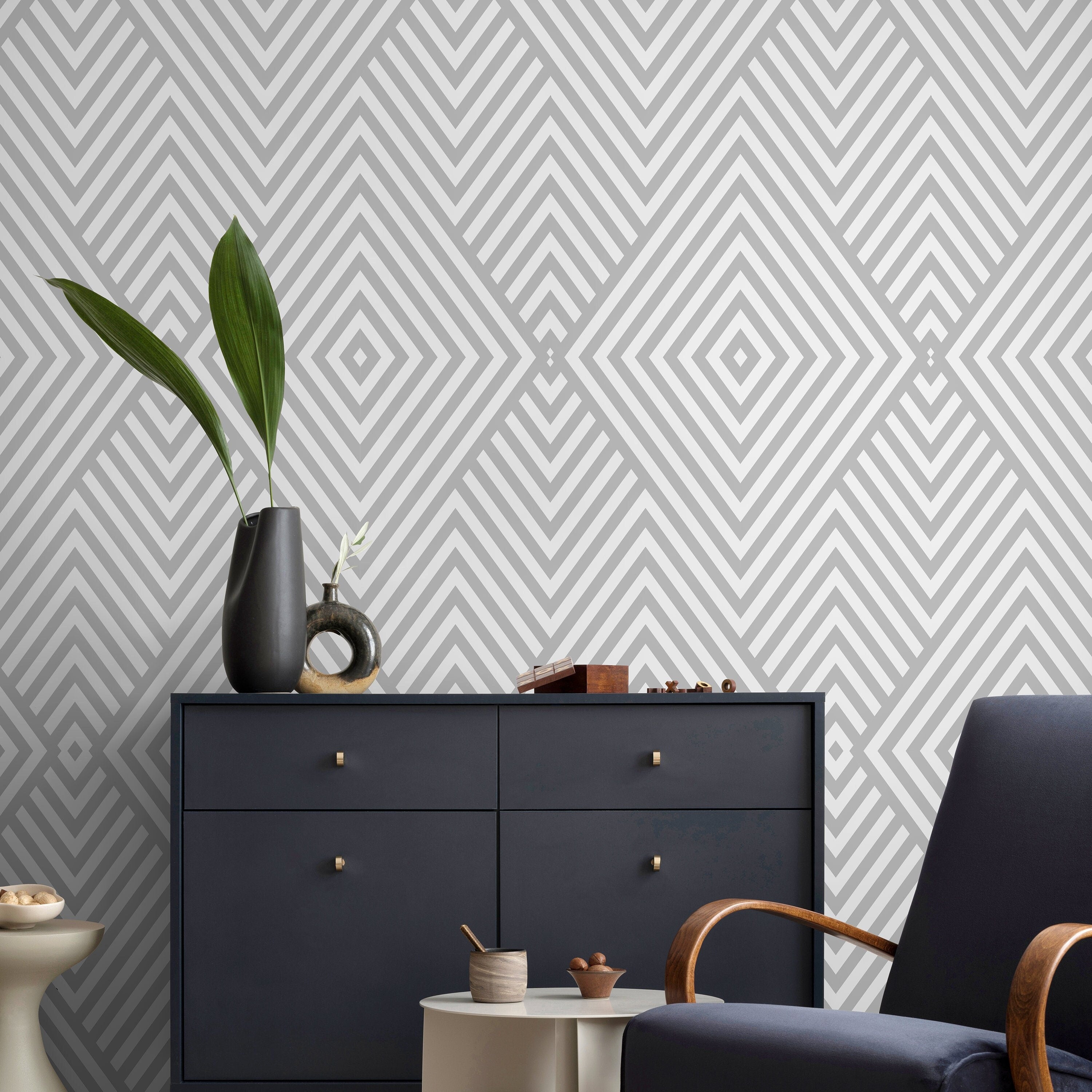 Geometric Wallpaper With A Minimalist Diamond Motif In Gray And White - A335