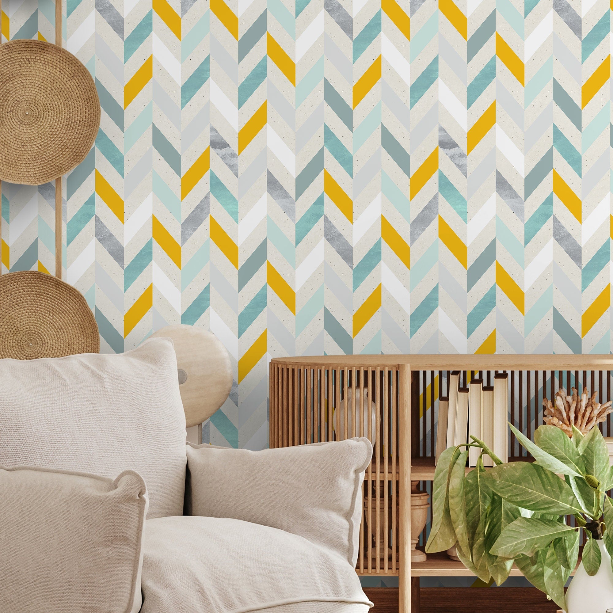 Geometric Wallpaper With A Modern Herringbone Motif In Yellow, Teal, And Grey - A360