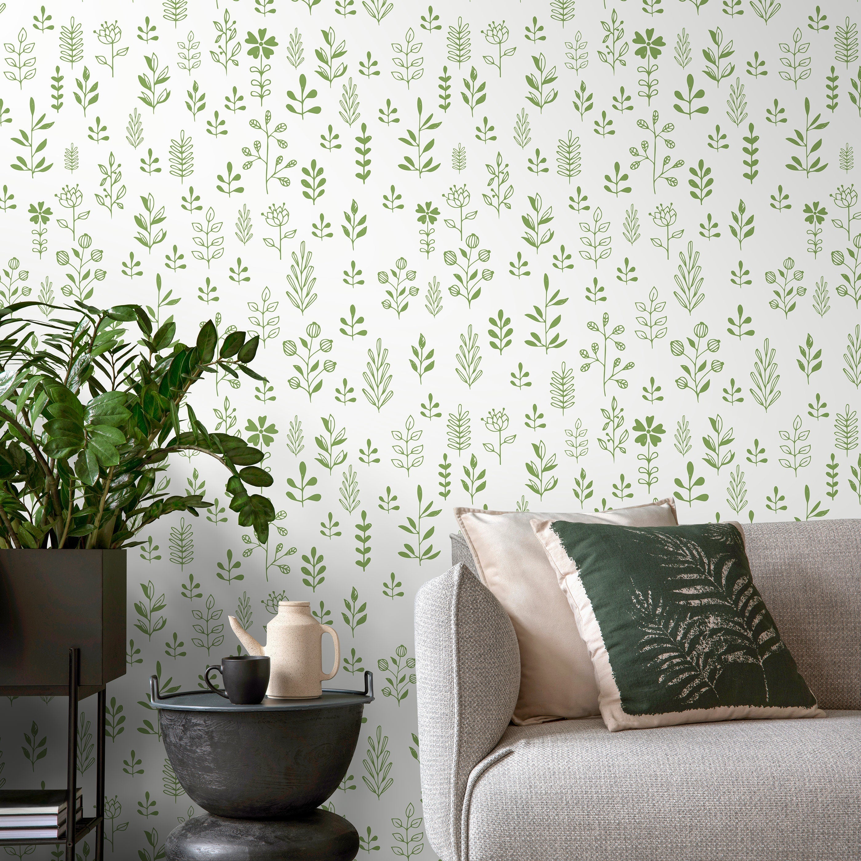 Botanical Wallpaper With Dainty Leaf Illustrations In Green - A365