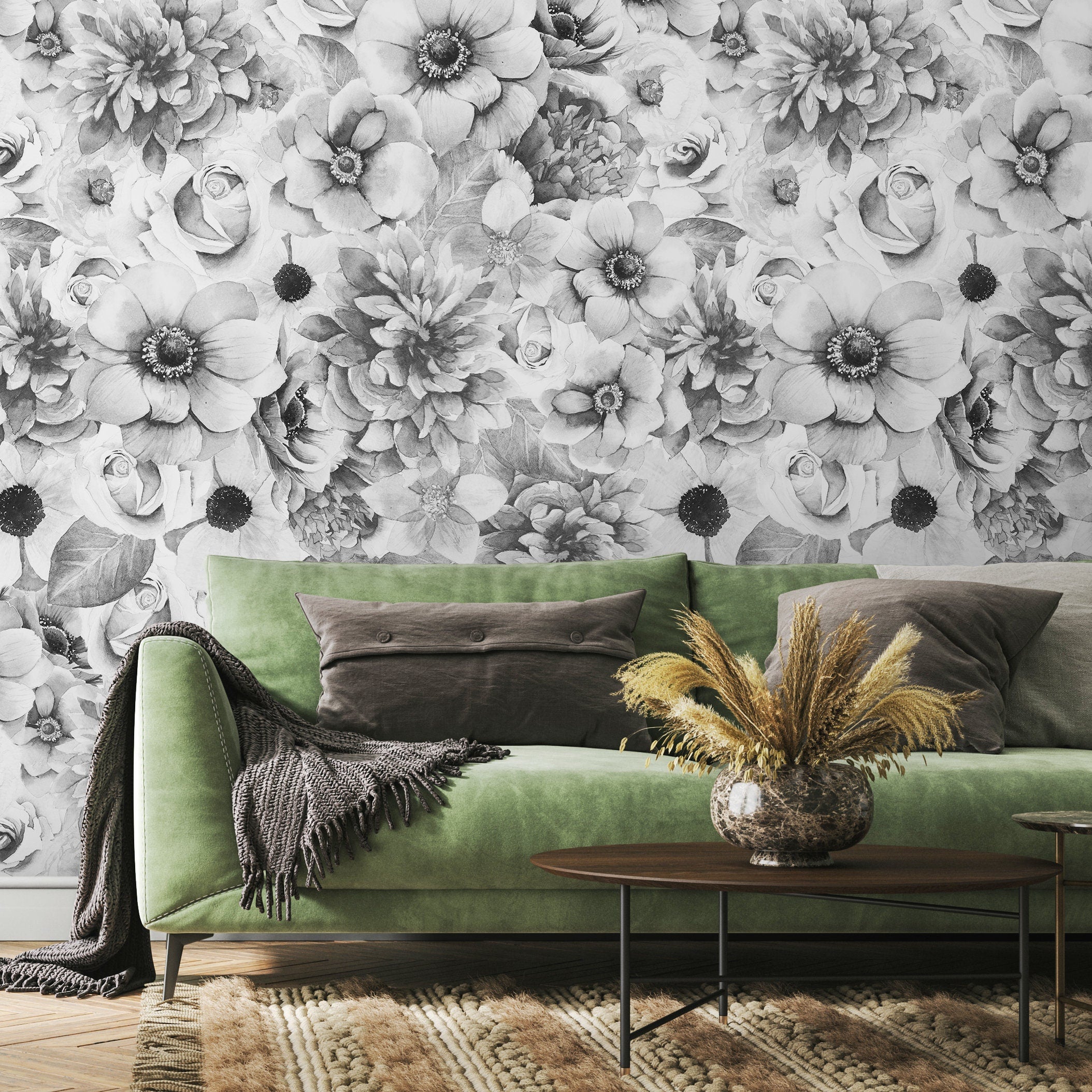 Floral Wallpaper With A Detailed Sketch Of Garden Blooms In Grayscale - A366