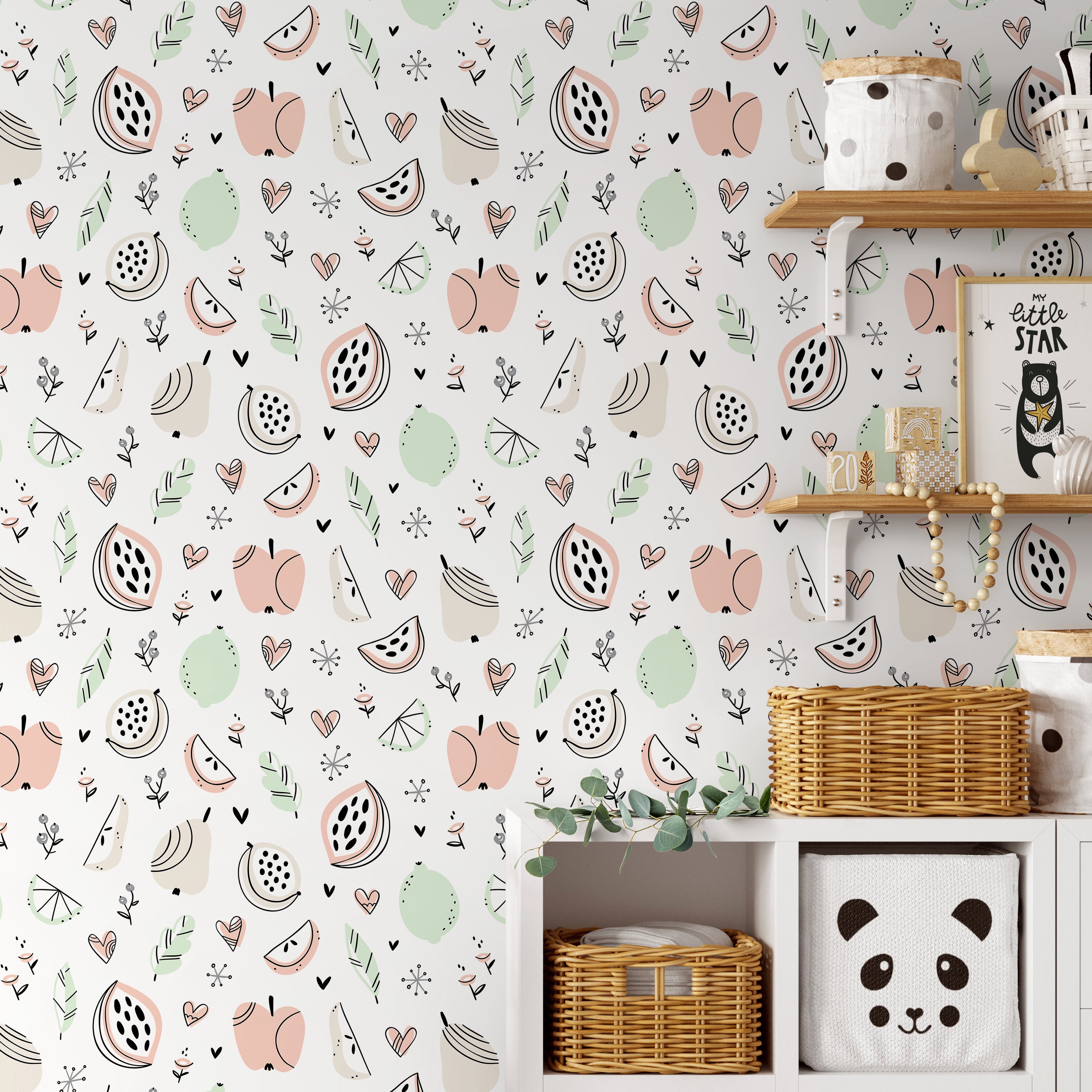 Fruit Wallpaper Featuring Hand-drawn Illustrations In Pink, Green, And Beige - A367