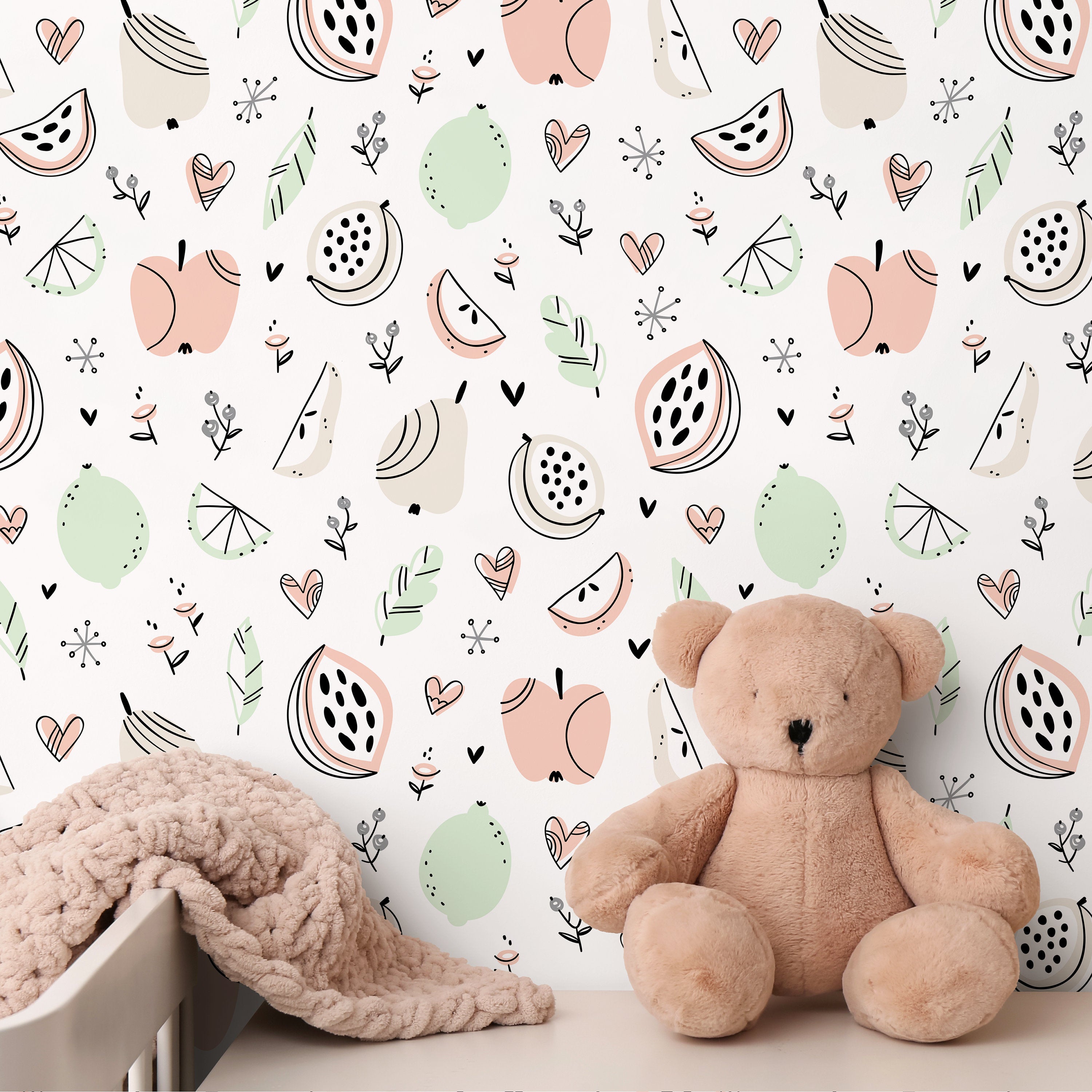 Fruit Wallpaper Featuring Hand-drawn Illustrations In Pink, Green, And Beige - A367