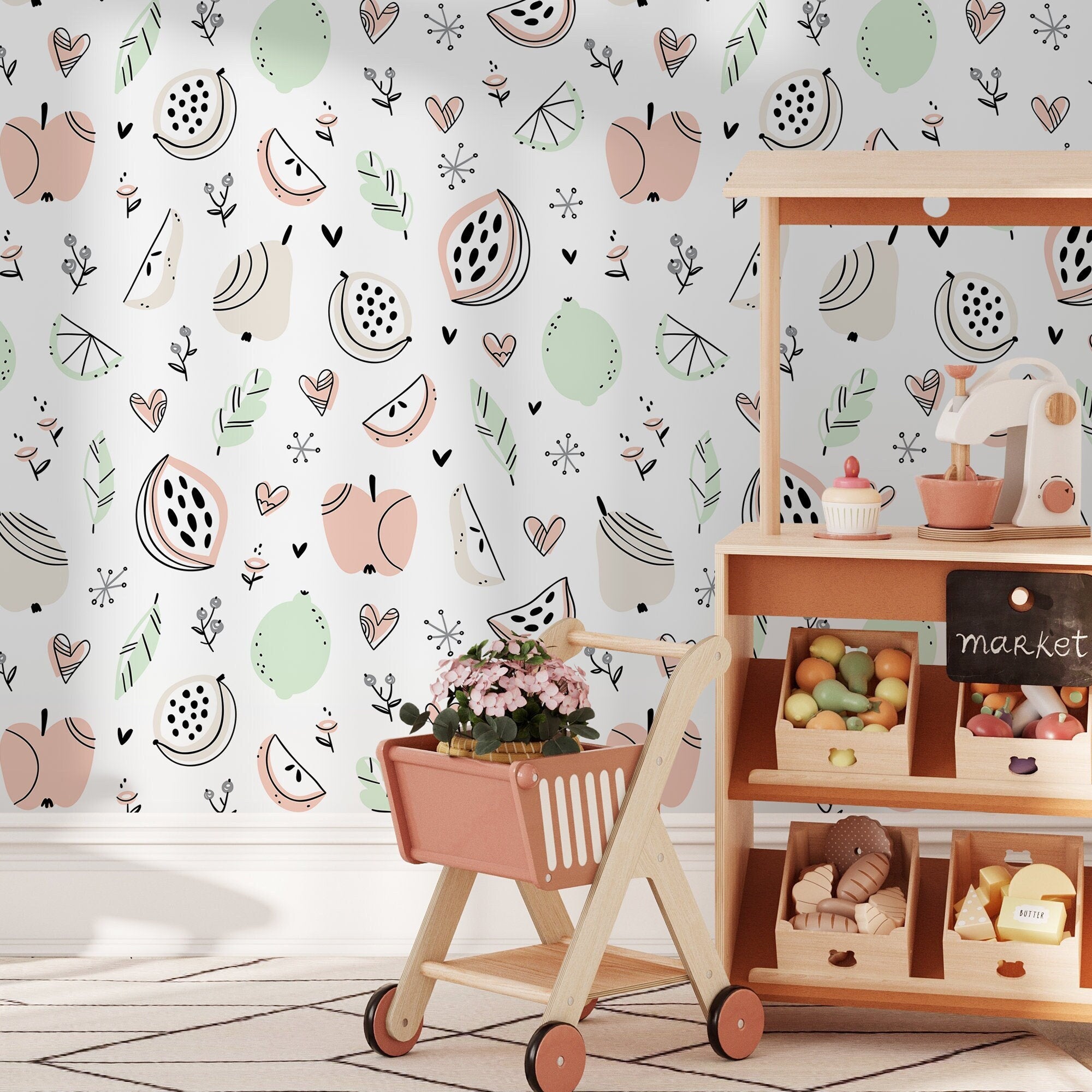 Fruit Wallpaper Featuring Hand-drawn Illustrations In Pink, Green, And Beige - A367