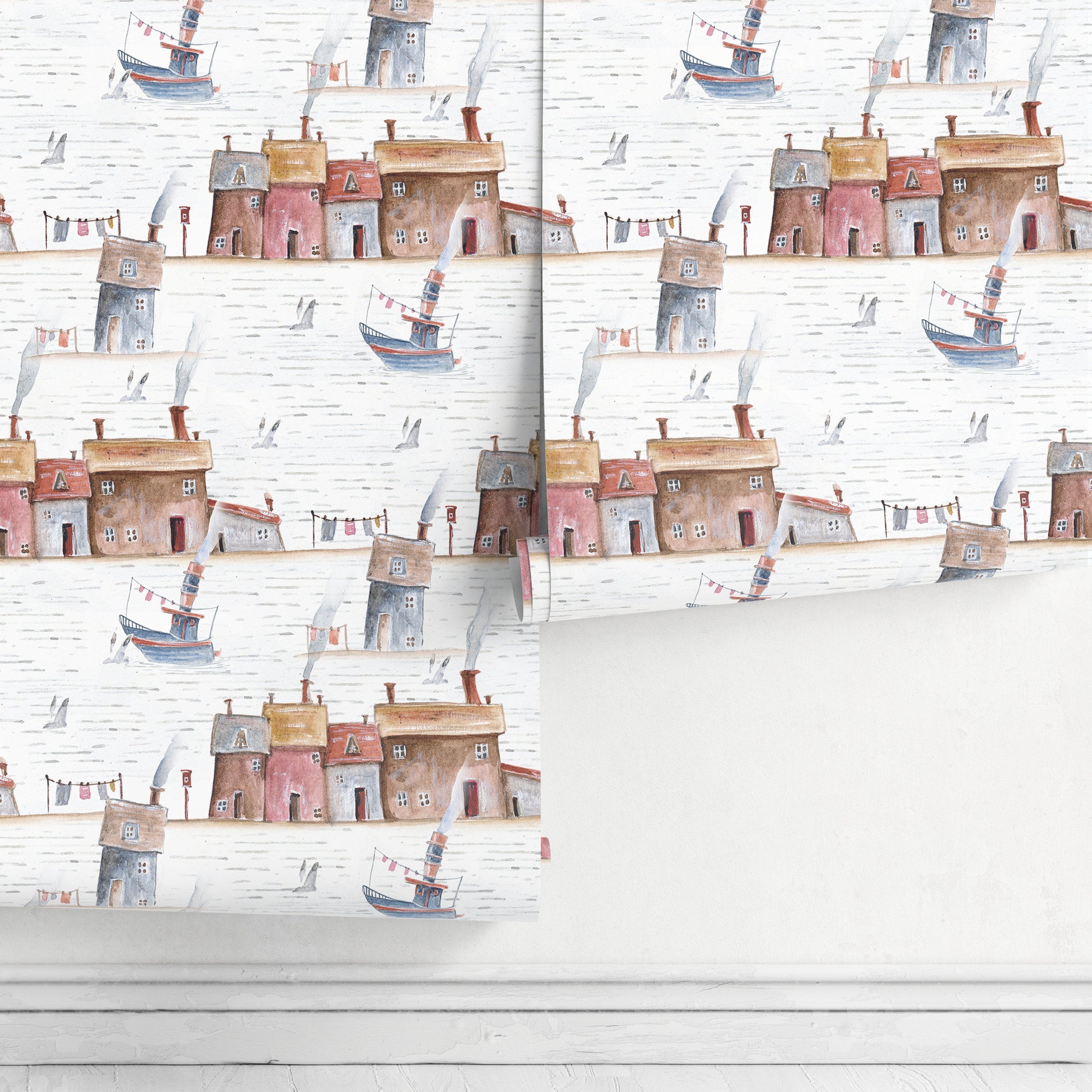 Nautical Wallpaper With A Watercolor Seaside Village In Red, Blue, And Brown - A376