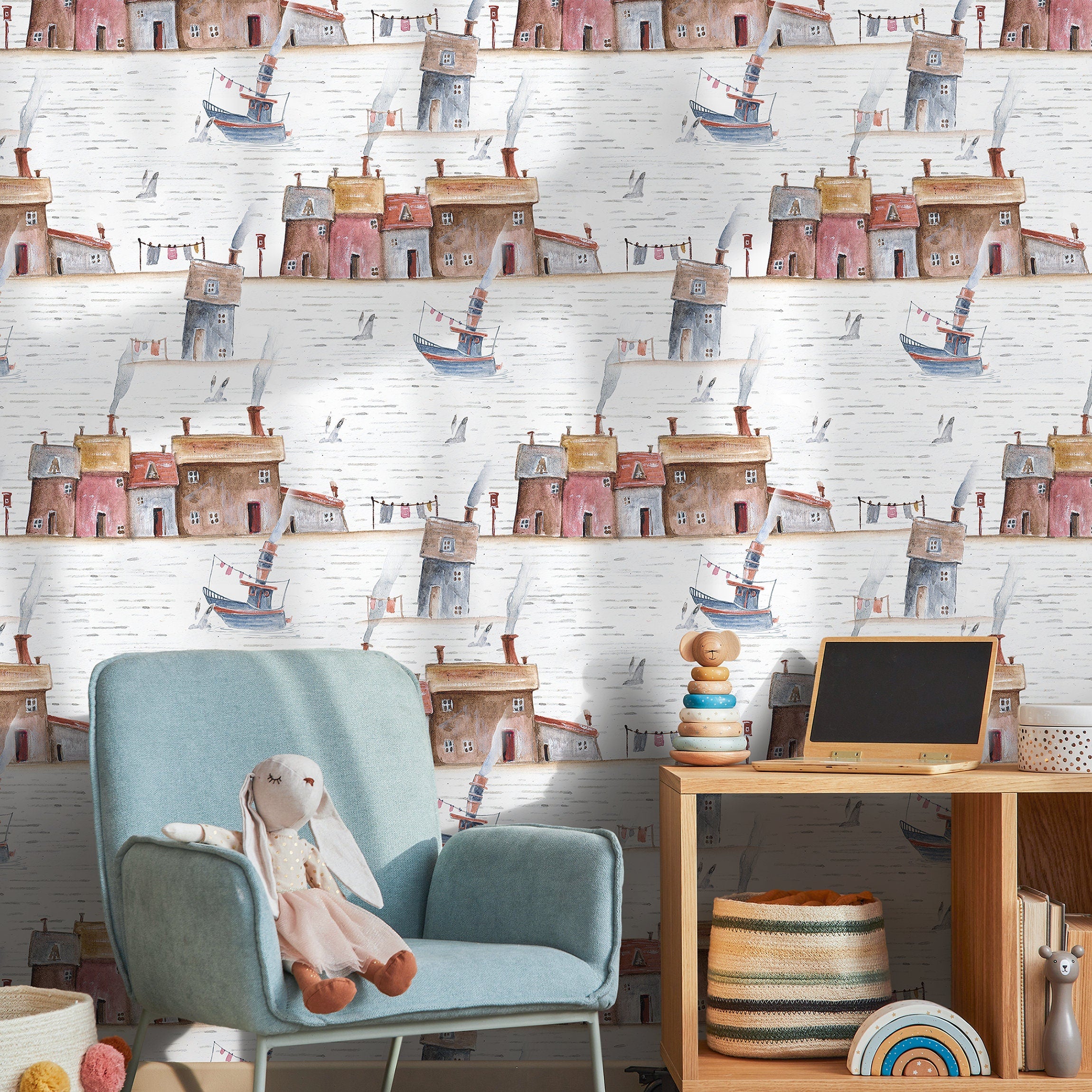 Nautical Wallpaper With A Watercolor Seaside Village In Red, Blue, And Brown - A376