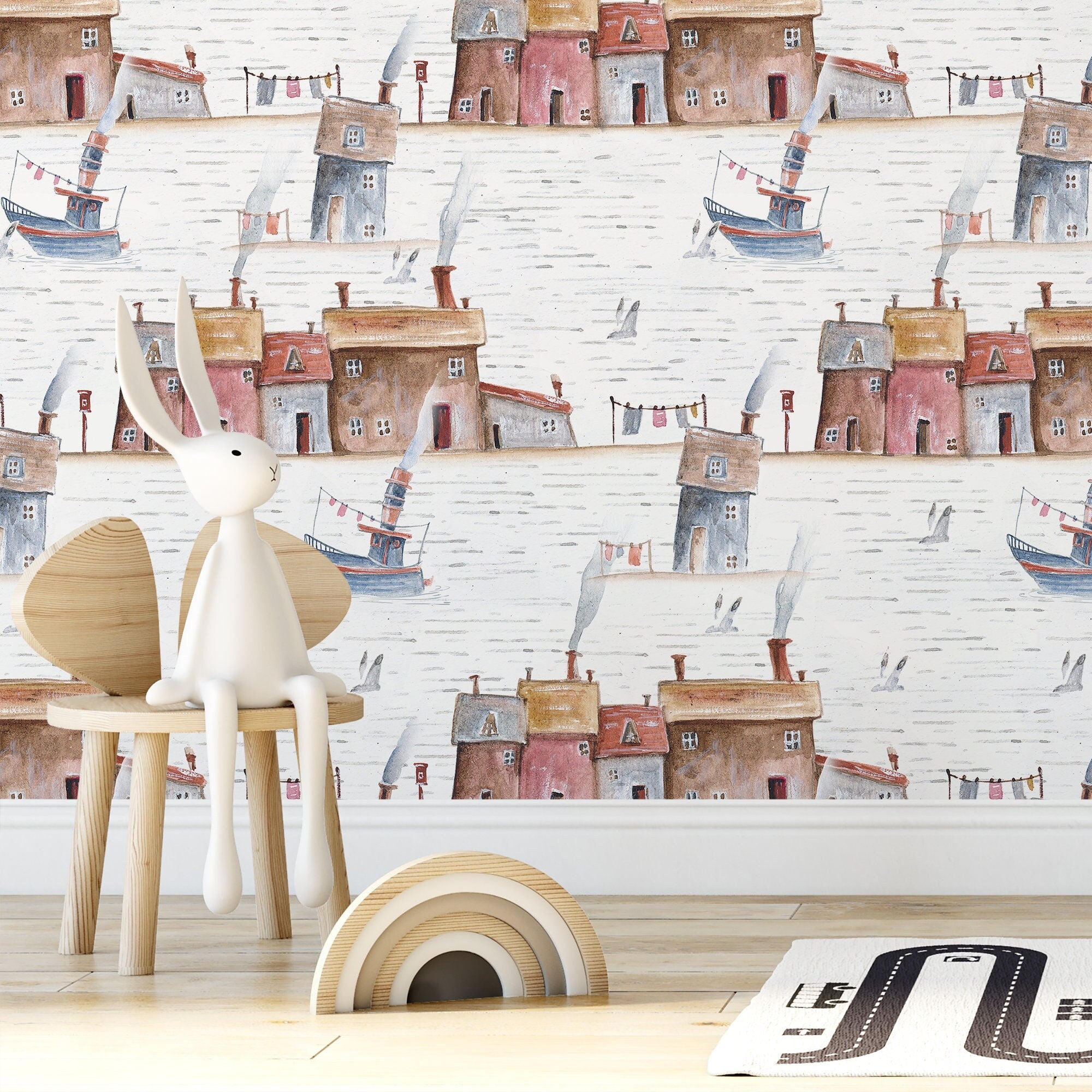 Nautical Wallpaper With A Watercolor Seaside Village In Red, Blue, And Brown - A376