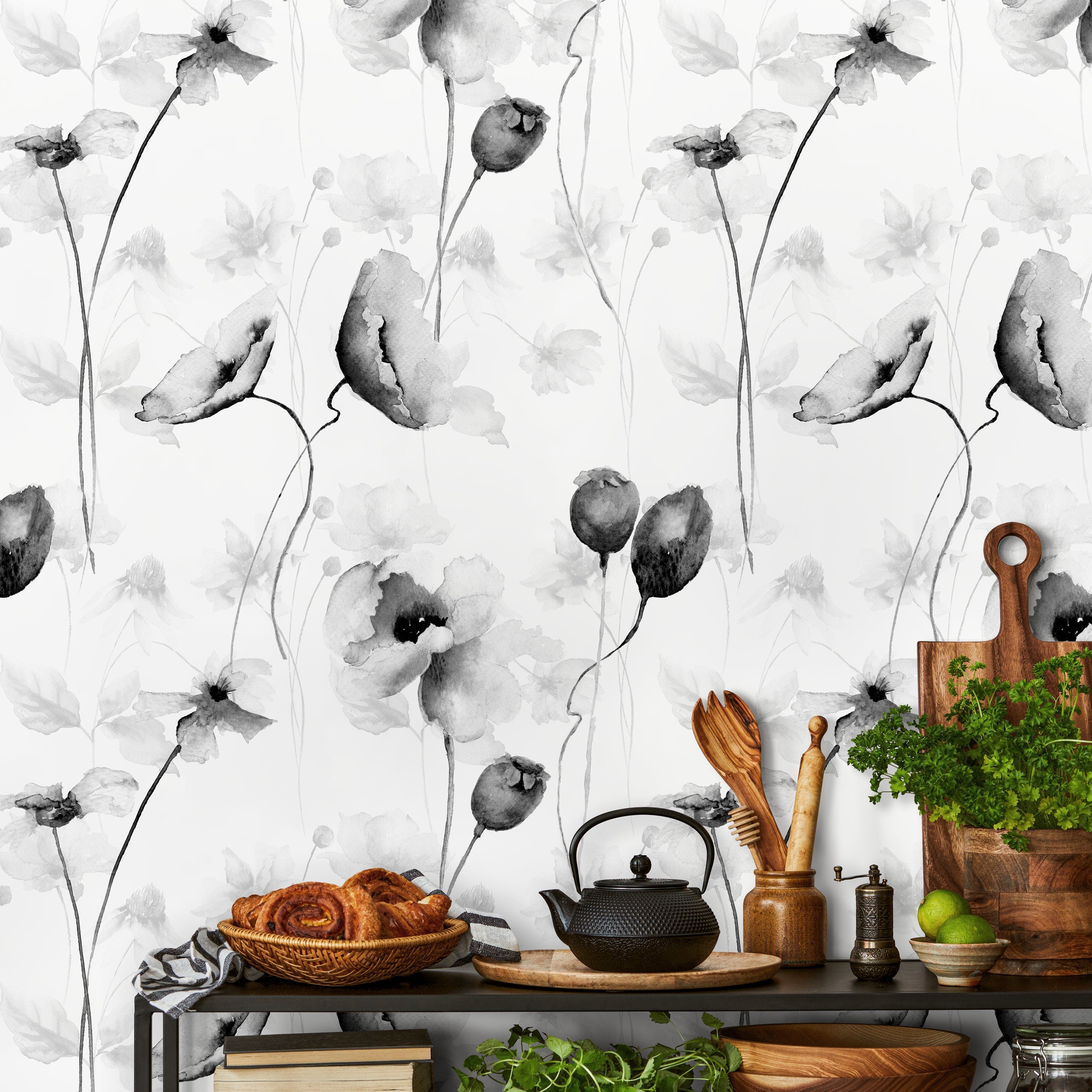 Floral Wallpaper With Watercolor Poppies In Black And White - A383