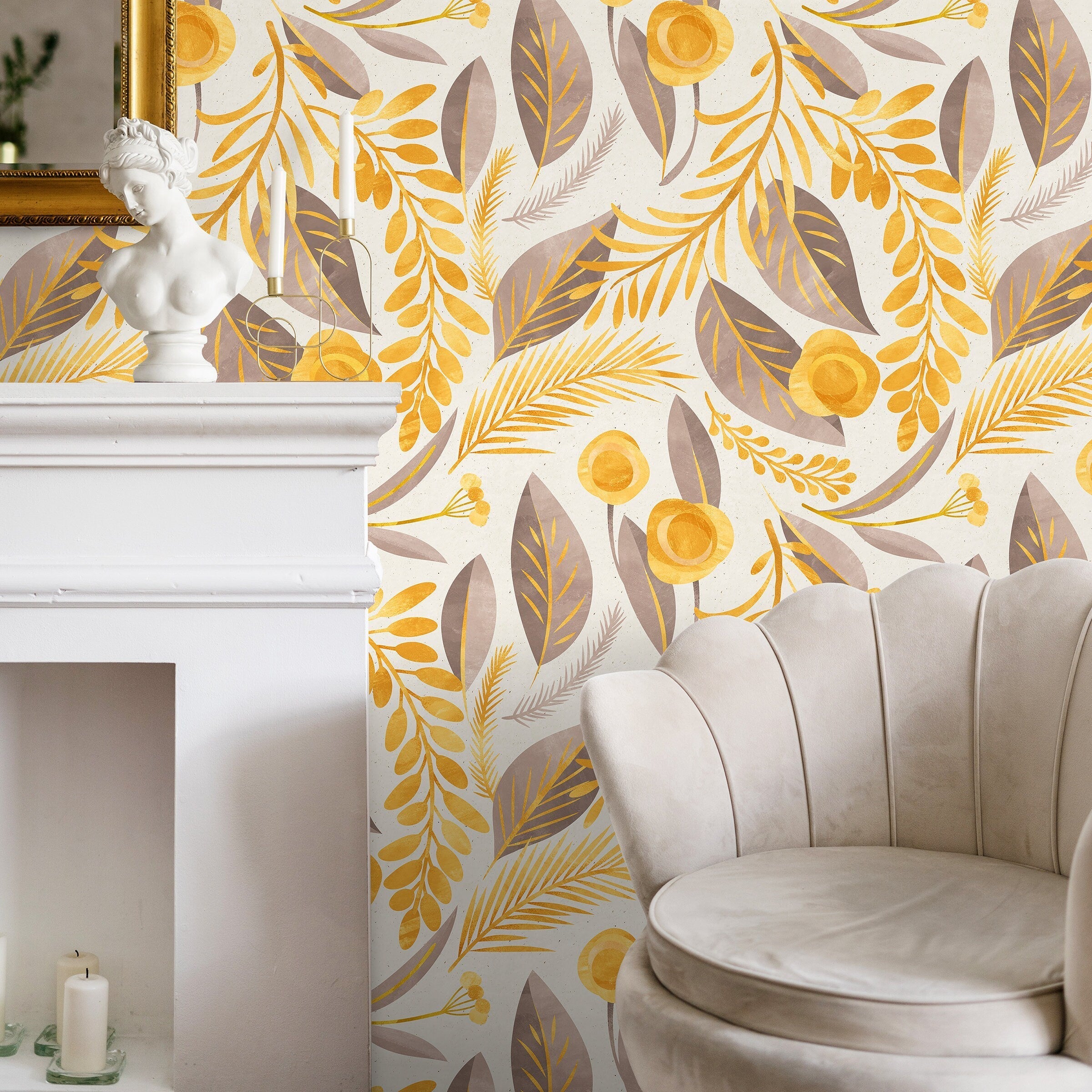 Botanical Wallpaper With Stylized Leaves And Flowers In Yellow And Taupe - A386