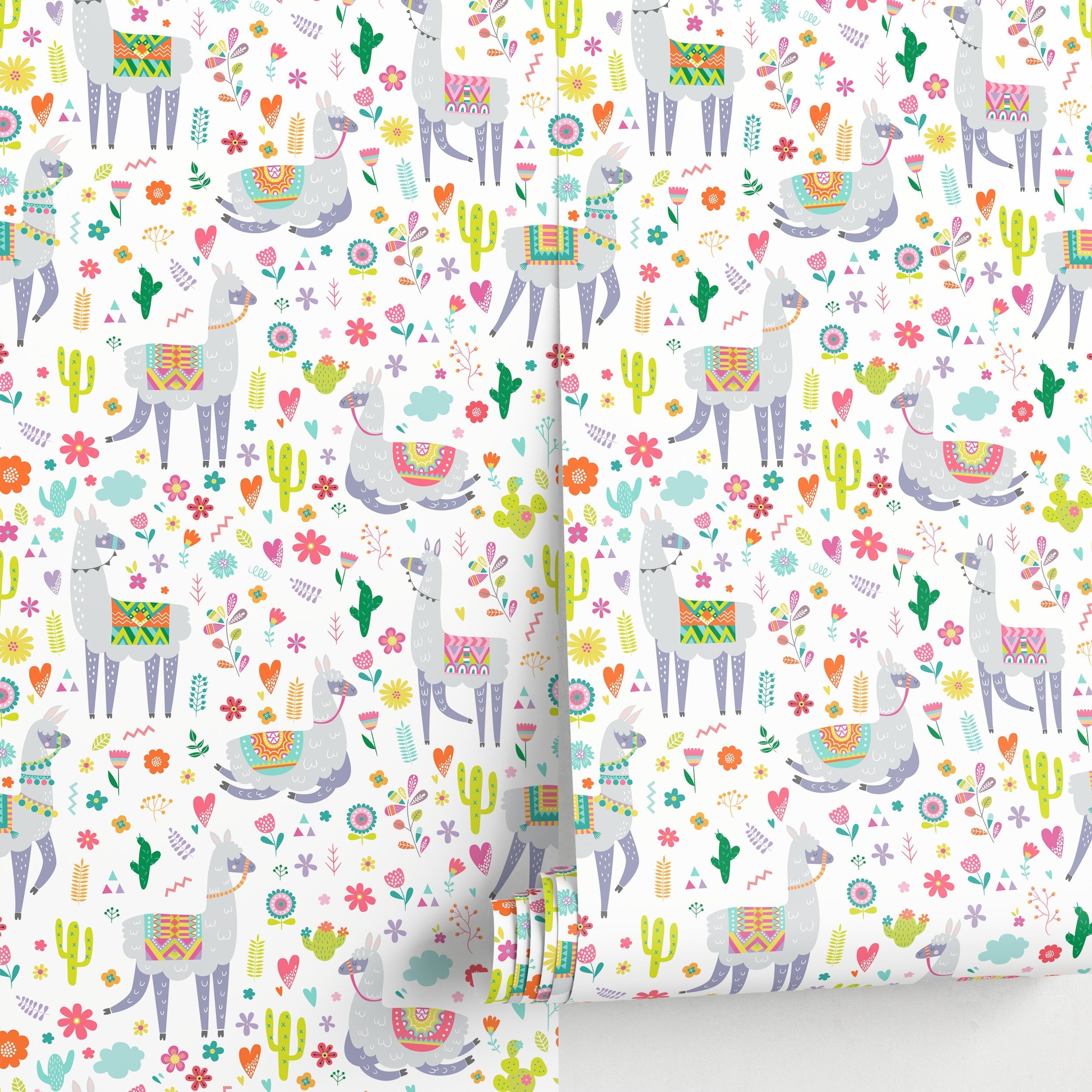 Kids Wallpaper With Whimsical Llamas In Pink, Green, And Orange - A389