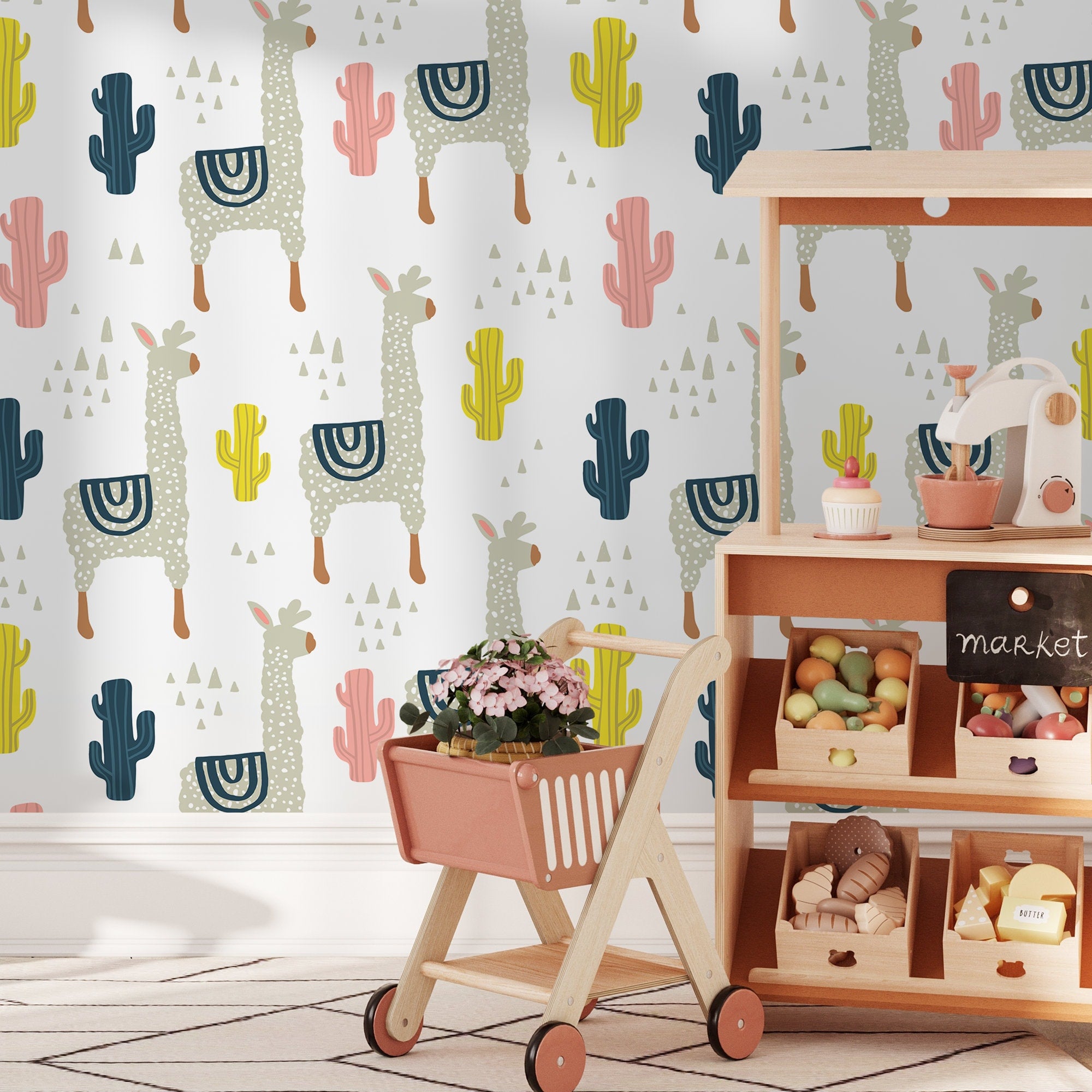 Nursery Wallpaper With Llamas And Cacti In Grey, Yellow, And Pink - A395