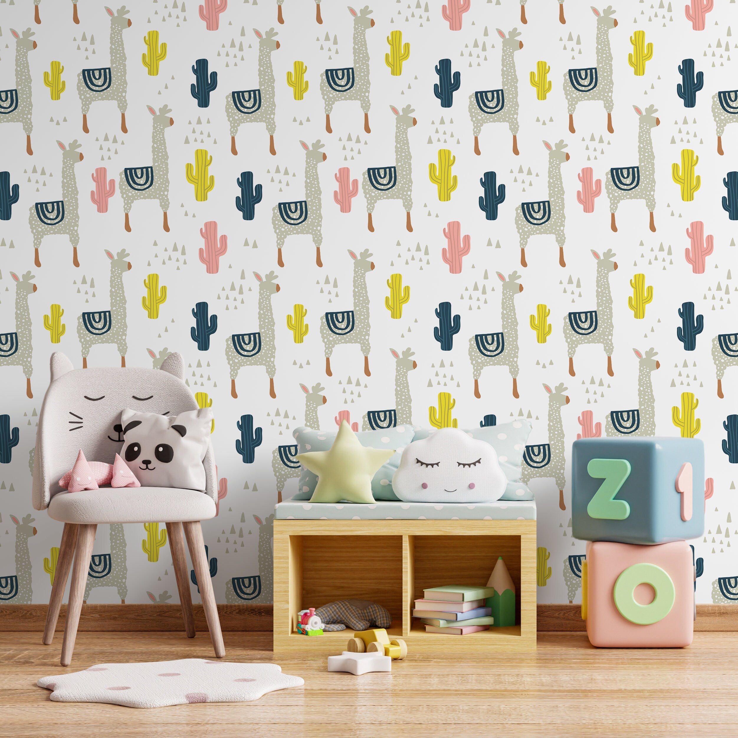 Nursery Wallpaper With Llamas And Cacti In Grey, Yellow, And Pink - A395